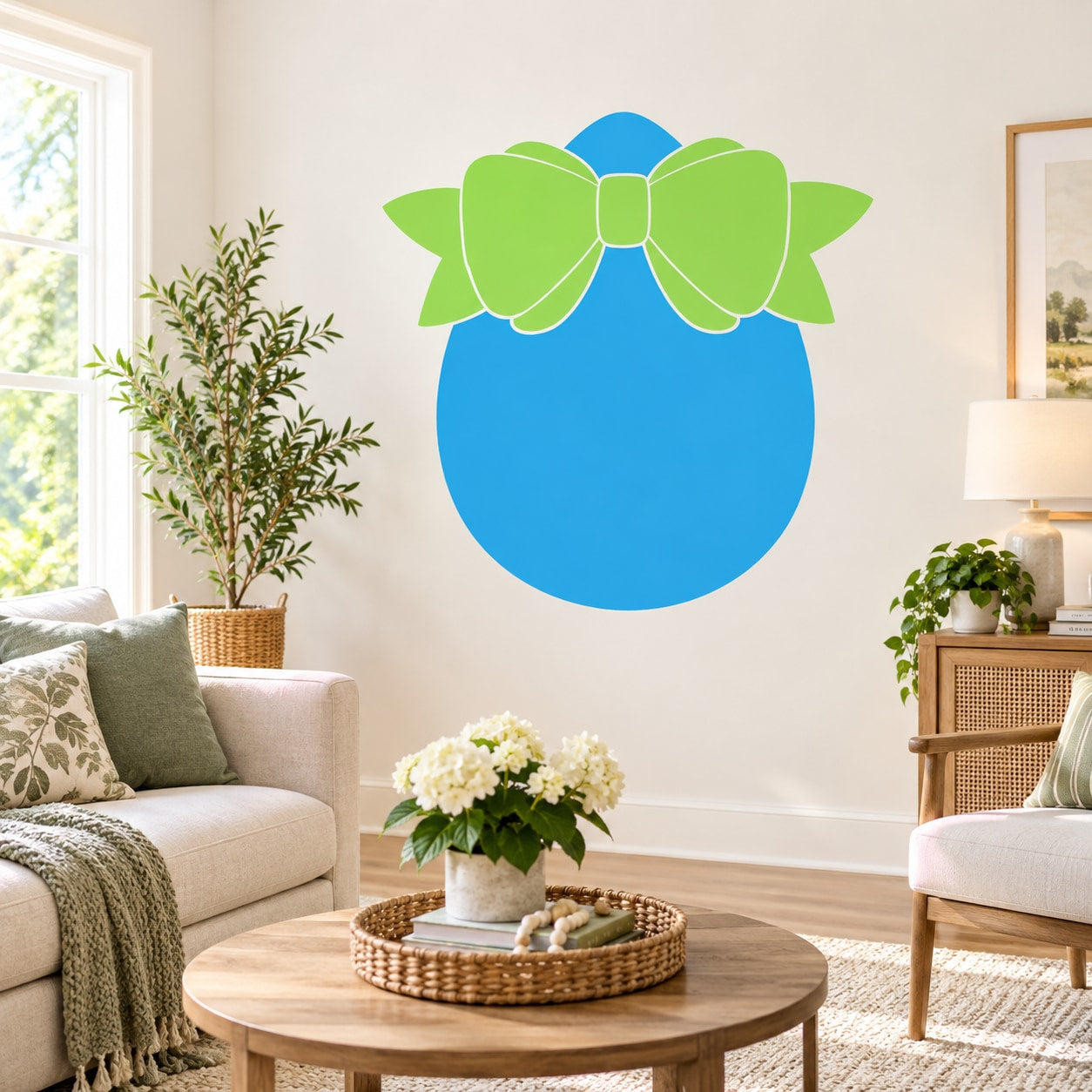 Easter egg ribbon sticker: blue egg with green bow, centered.