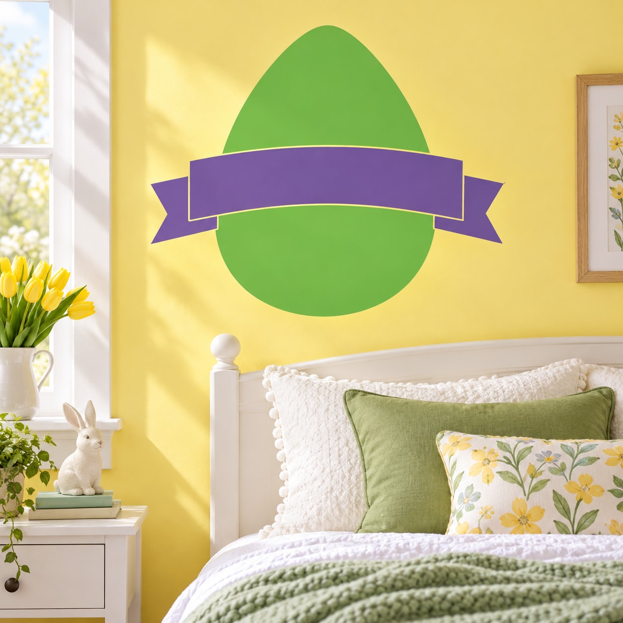 Easter egg banner sticker: green egg with purple ribbon banner across center