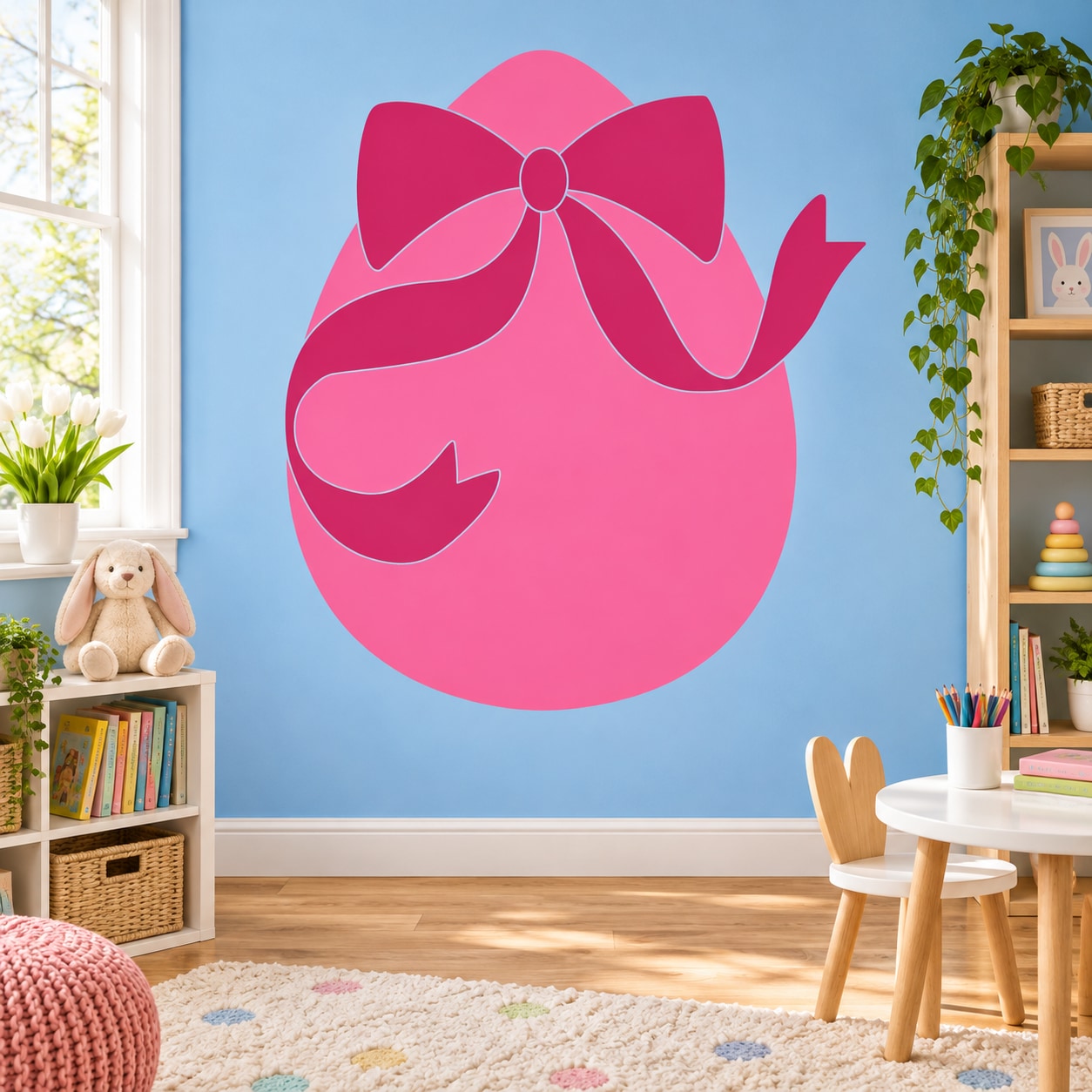 Pink Easter egg ribbon sticker with bow and ribbon curls