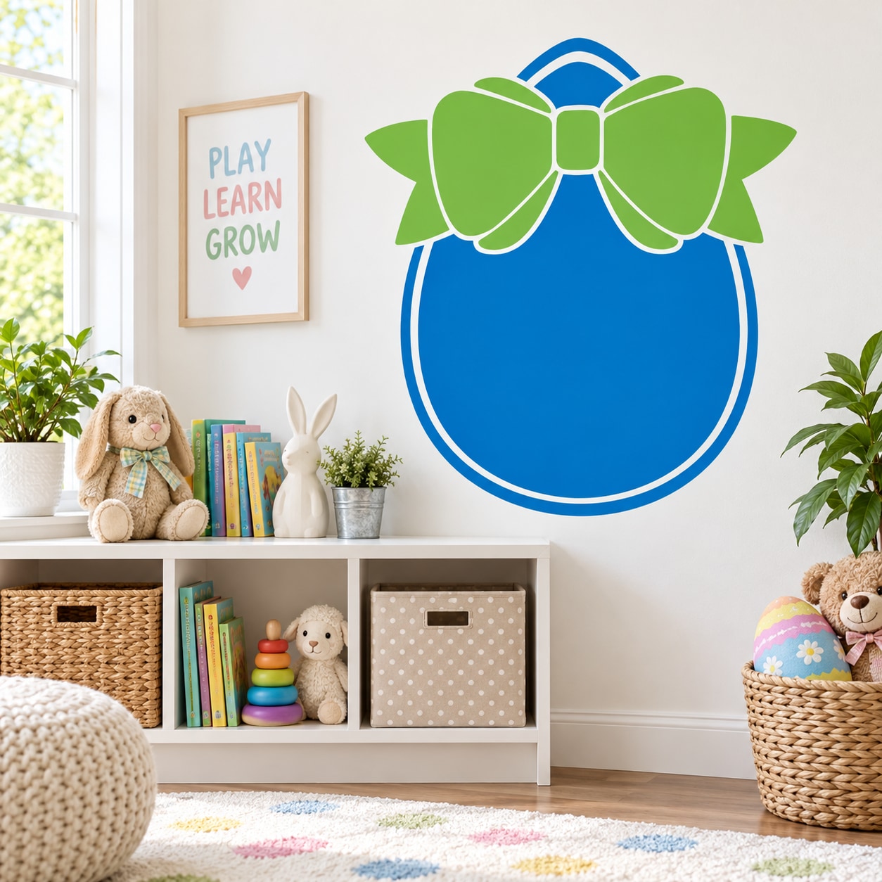 Easter egg ribbon sticker with blue egg and green bow outline