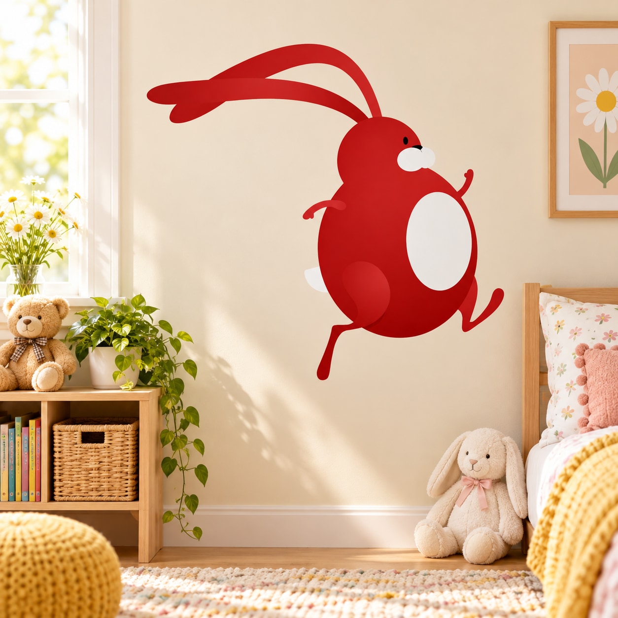 Red striding Easter bunny sticker with curved ears and white belly patch