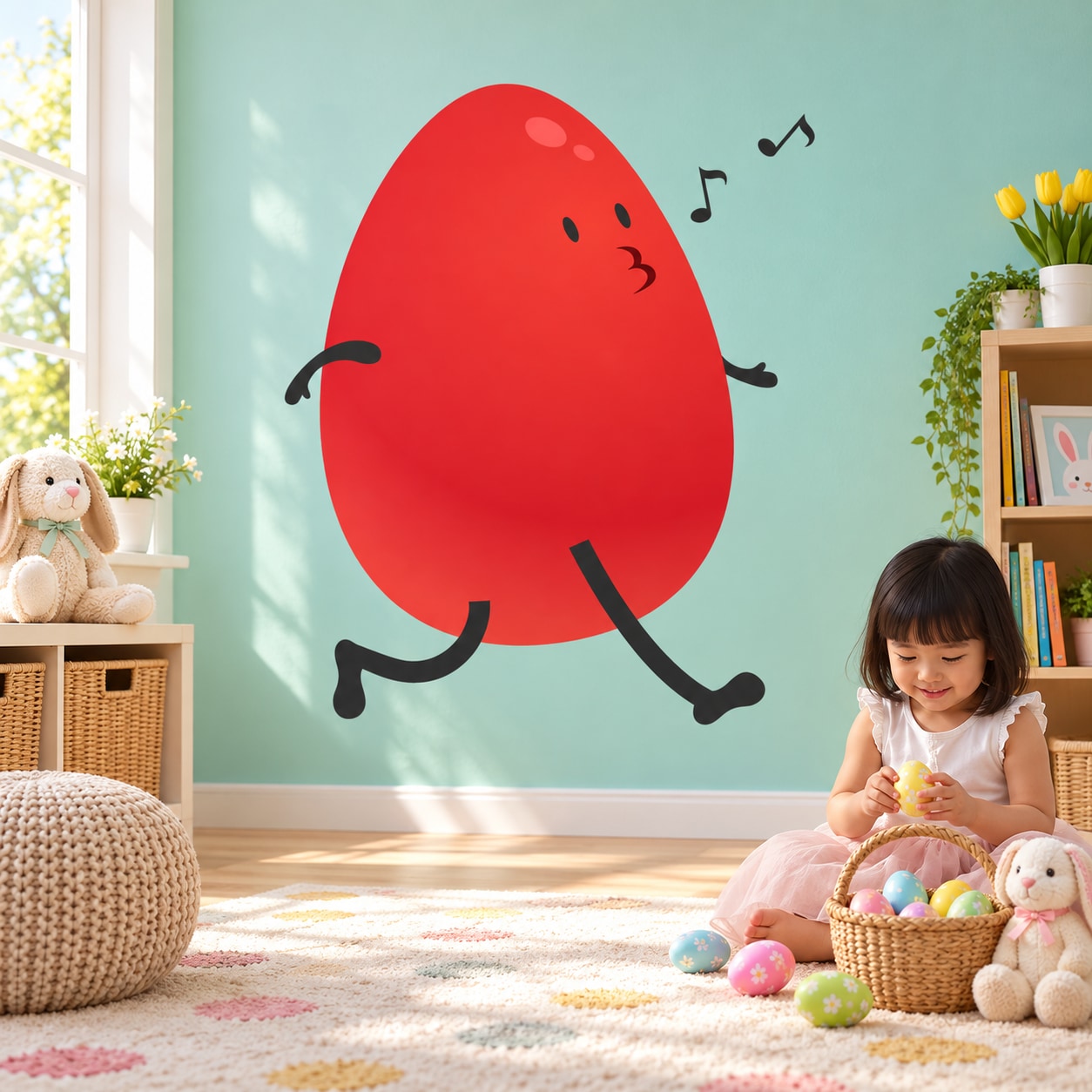 Cartoon walking egg sticker, red egg with legs and small musical notes