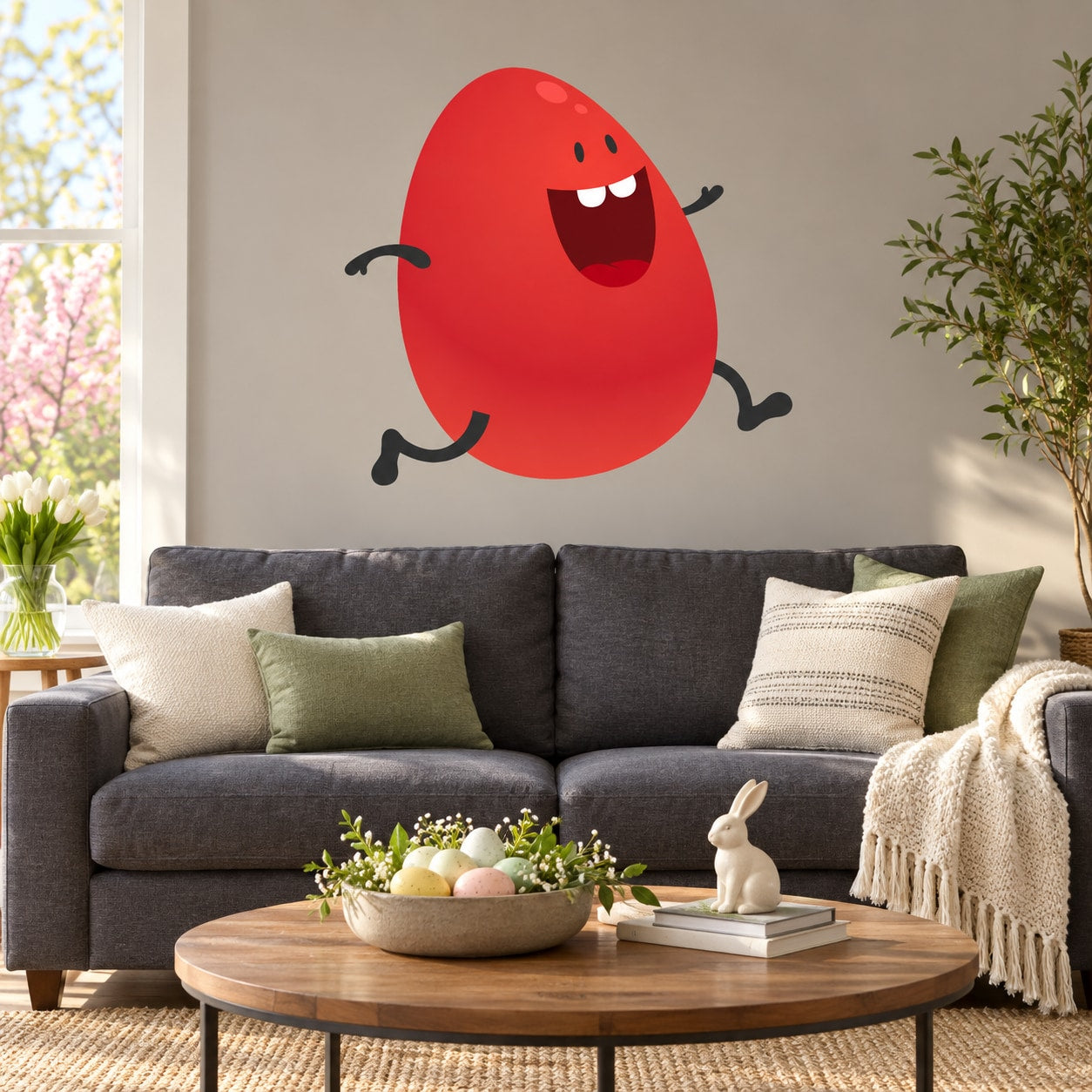 Red cartoon Easter egg running sticker decal with small arms and smiling face