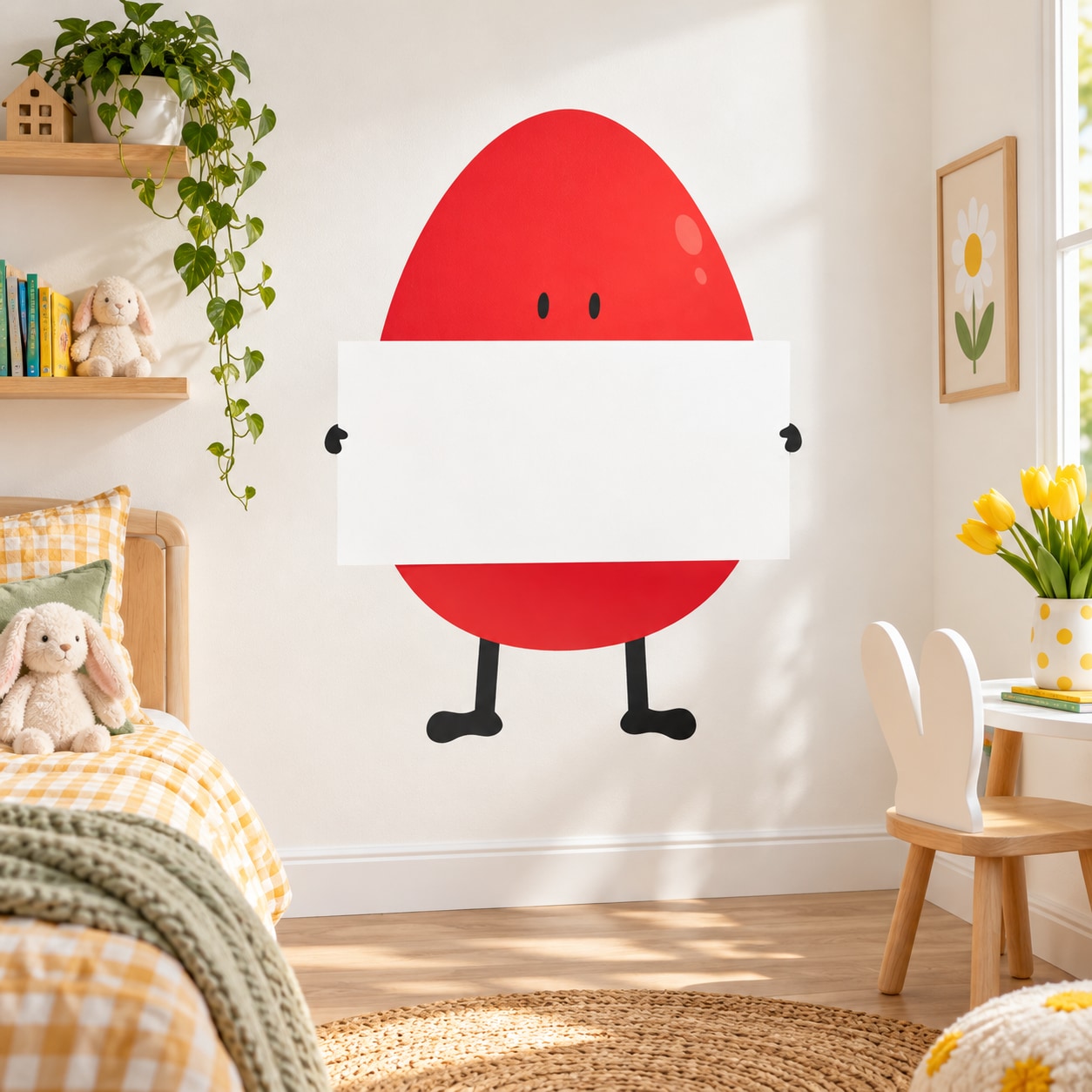 Easter egg holding sign sticker, red-and-white egg character with black arms and legs