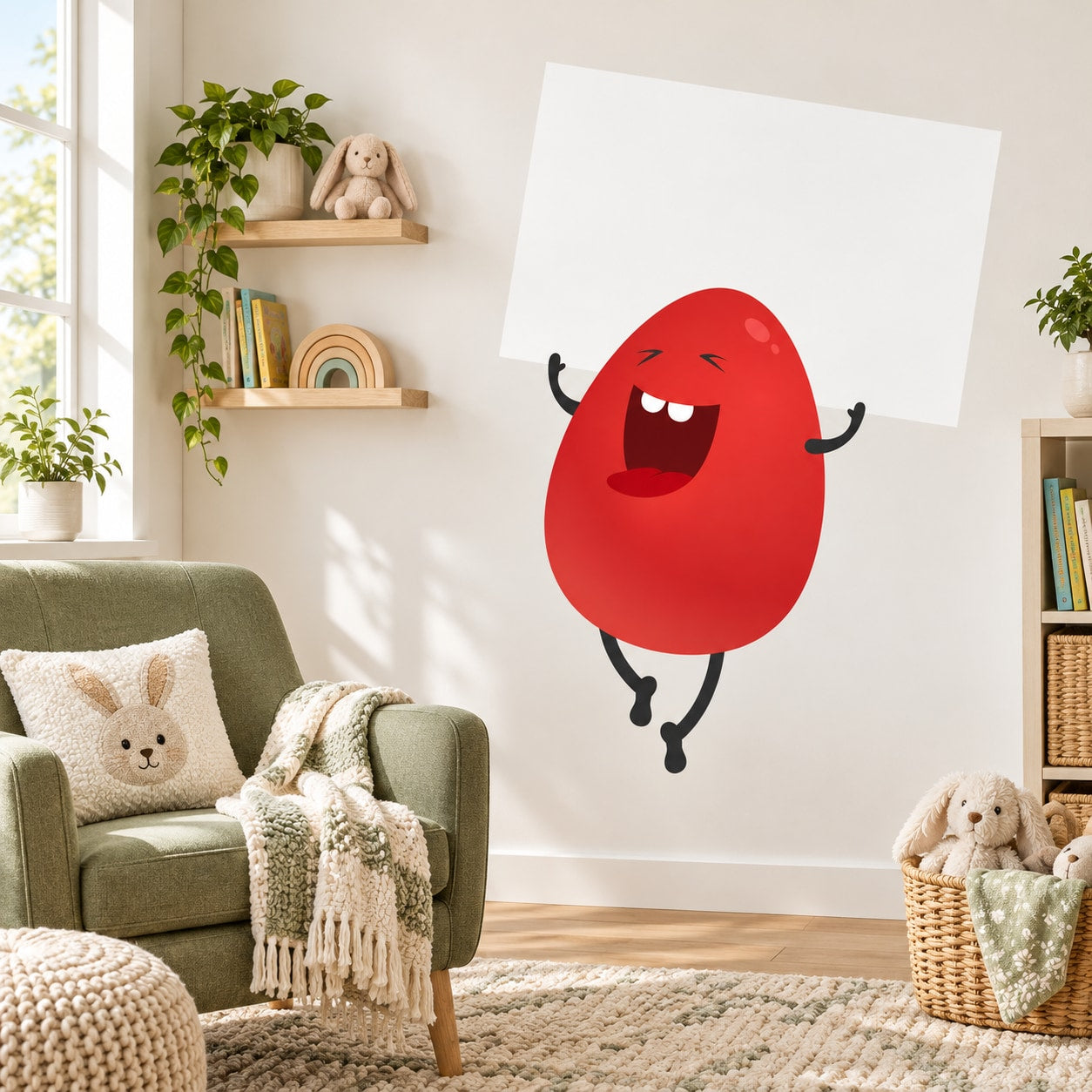 Easter egg character sign sticker, red cartoon egg with arms and legs on white