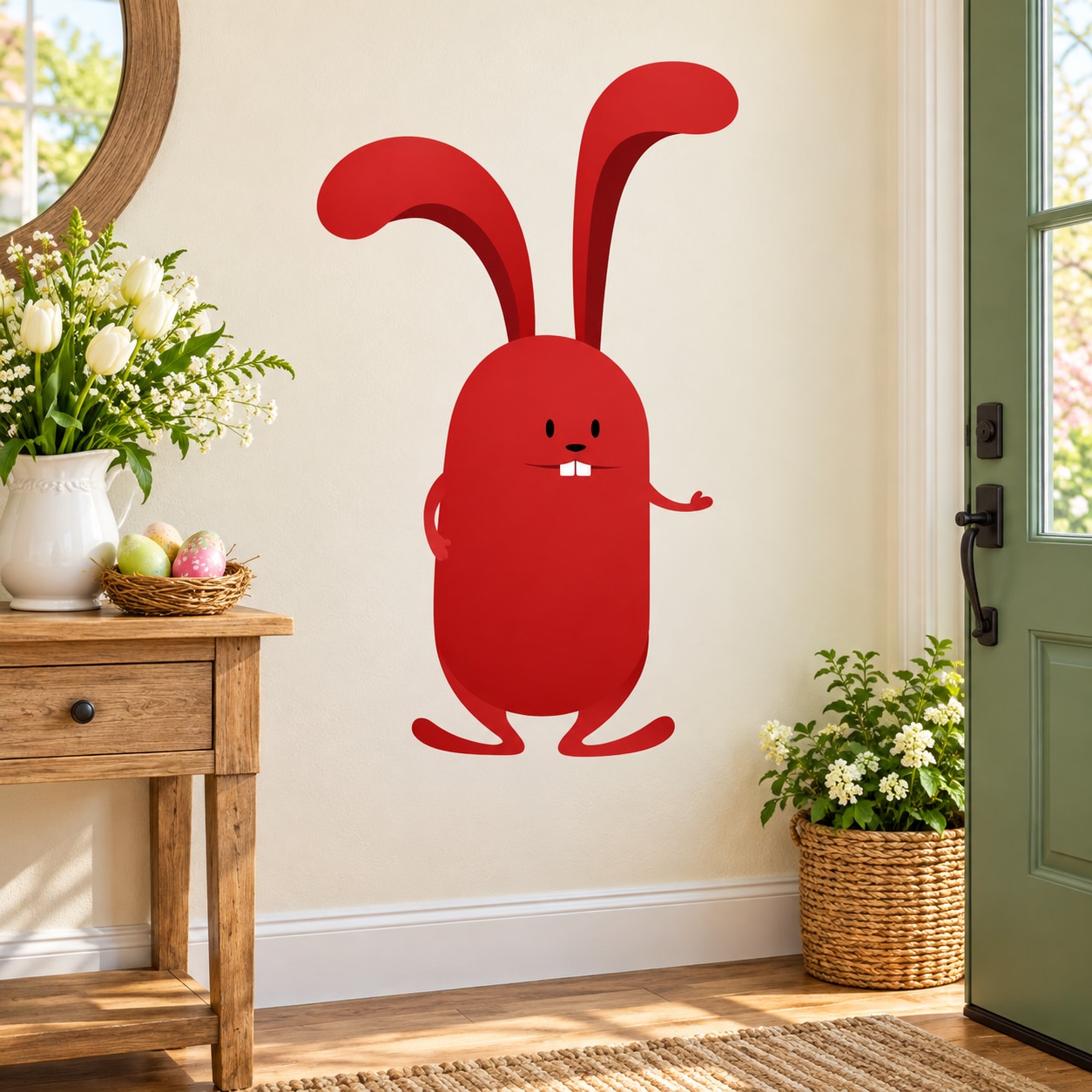 Easter bunny standing sticker, red silhouette with black facial features and long ears.