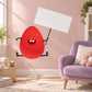 Easter egg cartoon holding blank sign sticker, red egg with smiling face and raised arms
