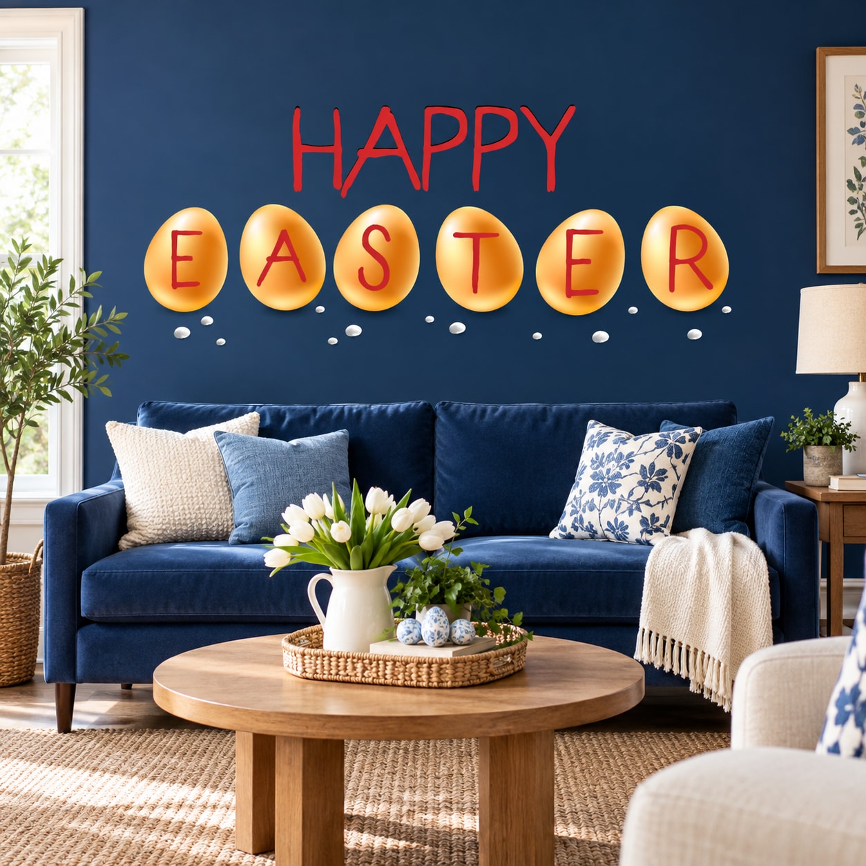 Happy Easter egg-letter wall decal with cutout letters and dots, red and gold