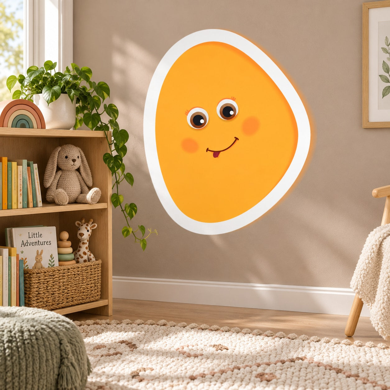 Cartoon egg yolk face sticker with orange oval and smiling eyes