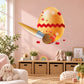 Yellow Easter egg wall decor with brush sticker, red and white zigzag accents