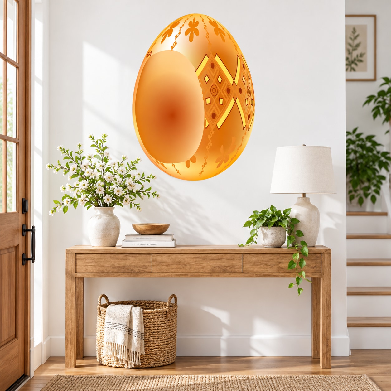 Decorative Easter egg sticker with open yolk center, orange with gold patterns