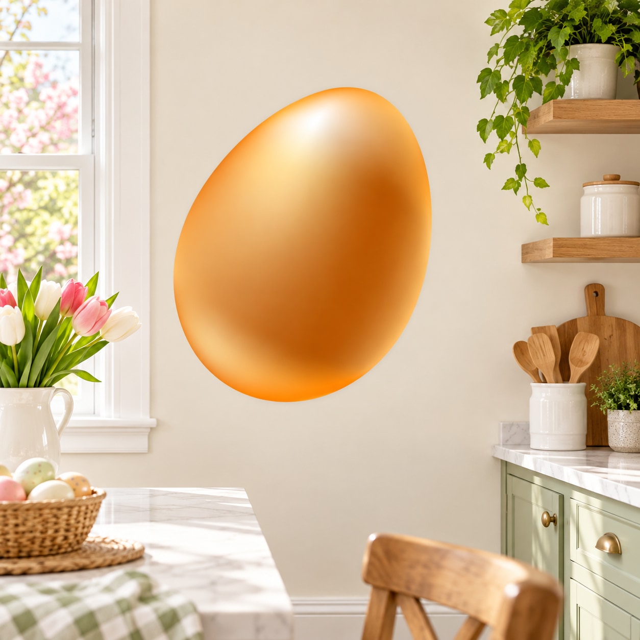 Shiny golden egg-shaped wall sticker with glossy metallic finish