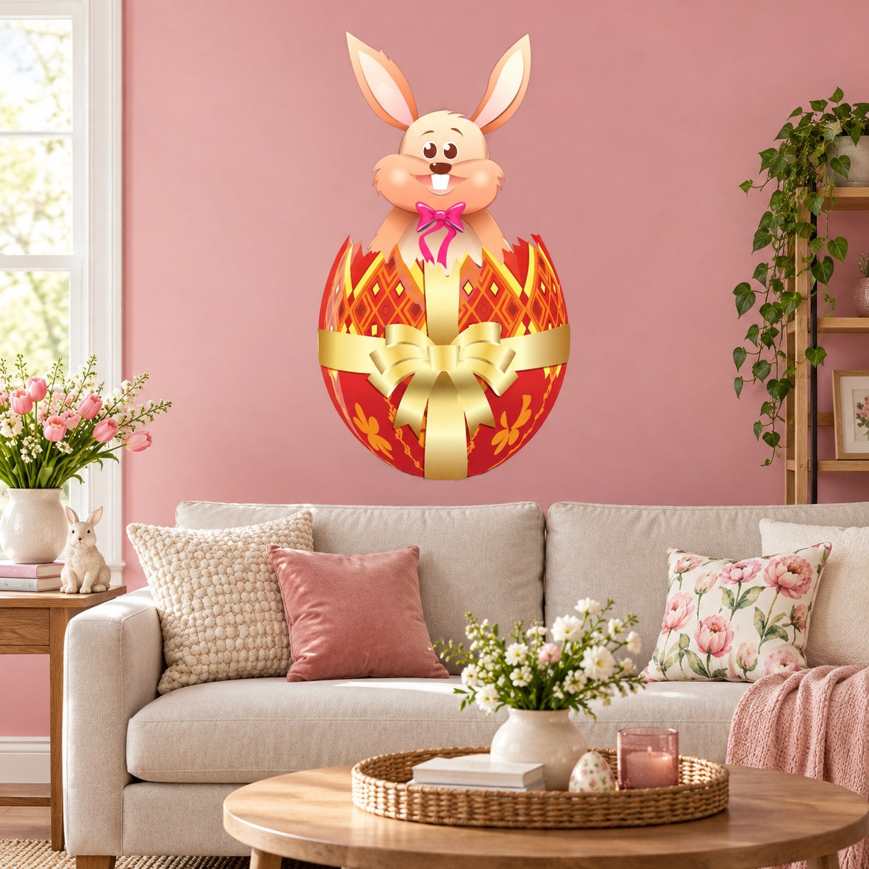 Easter bunny in decorated egg wall sticker with bow and colorful pattern