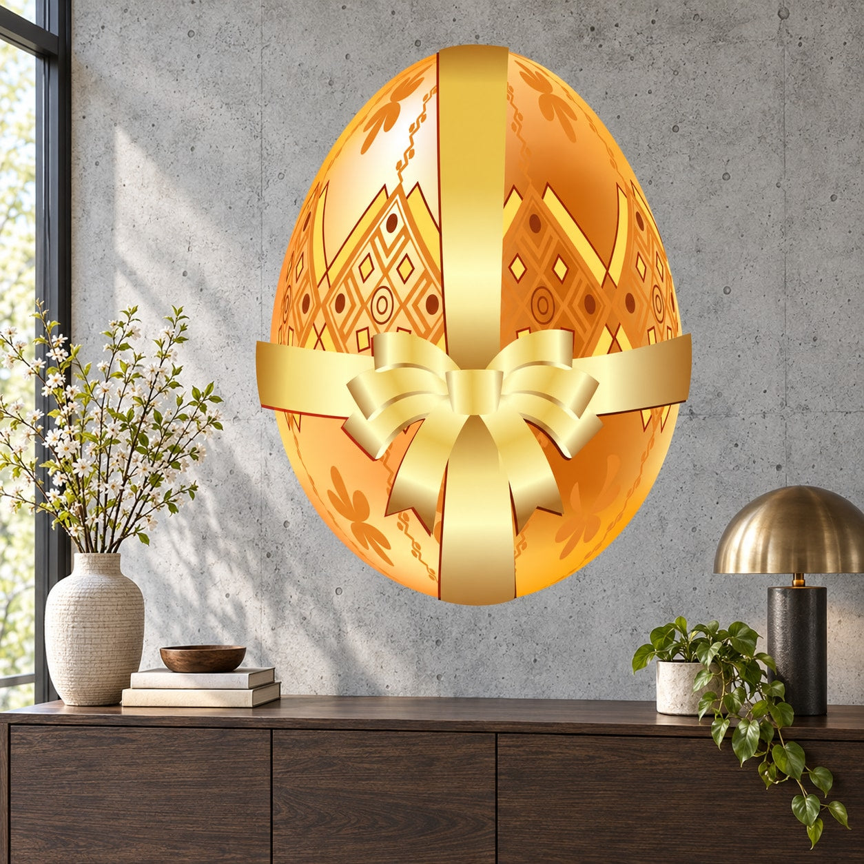 Golden decorative egg sticker, patterned oval with ribbon bow at center