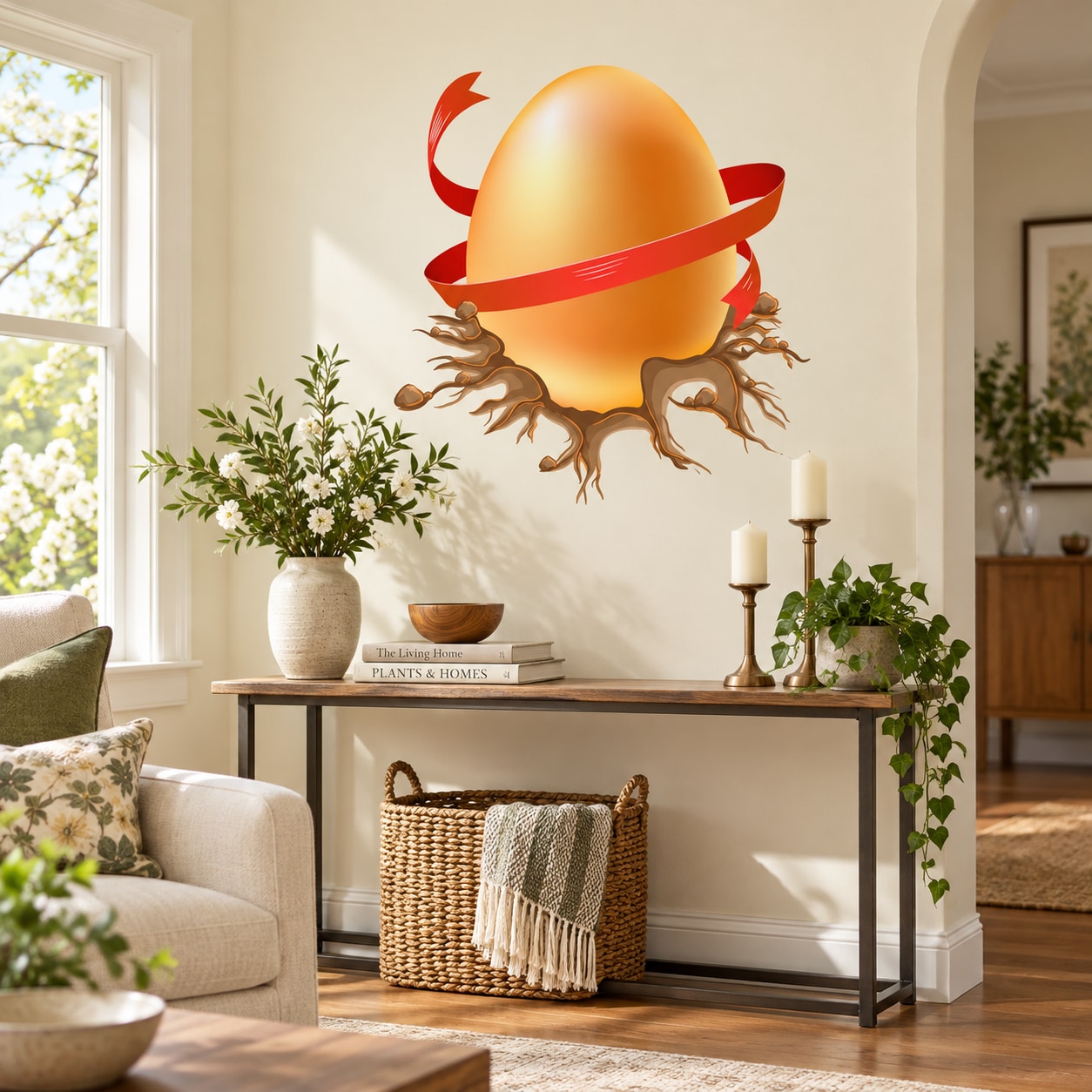 Easter egg nest sticker: orange egg with red ring on brown twig nest
