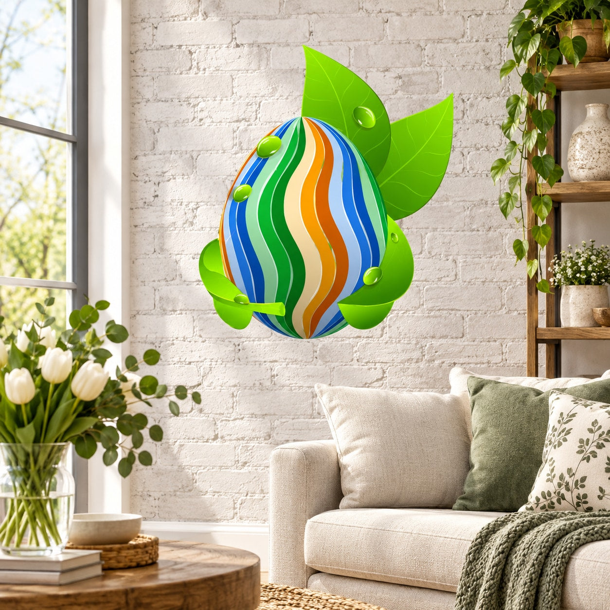 Rainbow Easter egg sticker with multicolored stripes and green leaf border