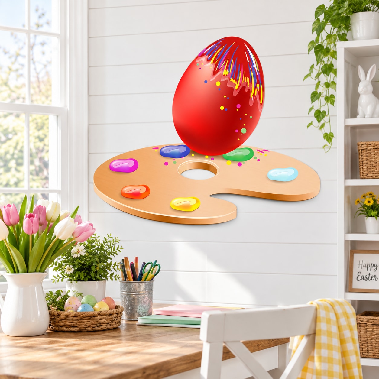 Colorful Easter egg palette sticker with red egg and paint blobs on wooden palette