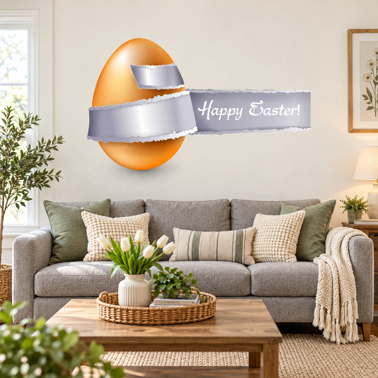 Easter illusion tear-wrap egg sticker: orange egg, silver band, Happy Easter!