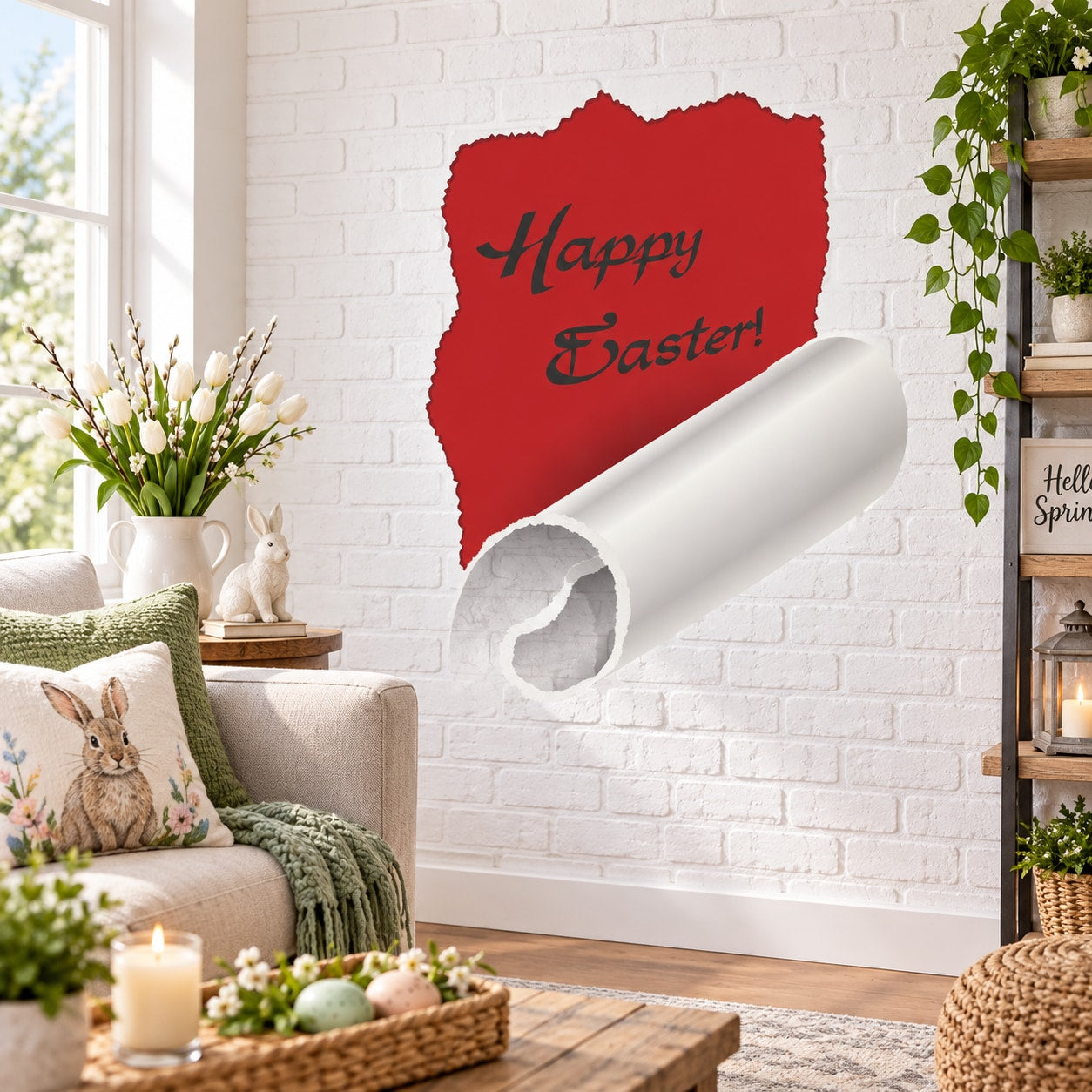Heart-shaped Happy Easter illusion tear sticker, red with black text and white tear opening
