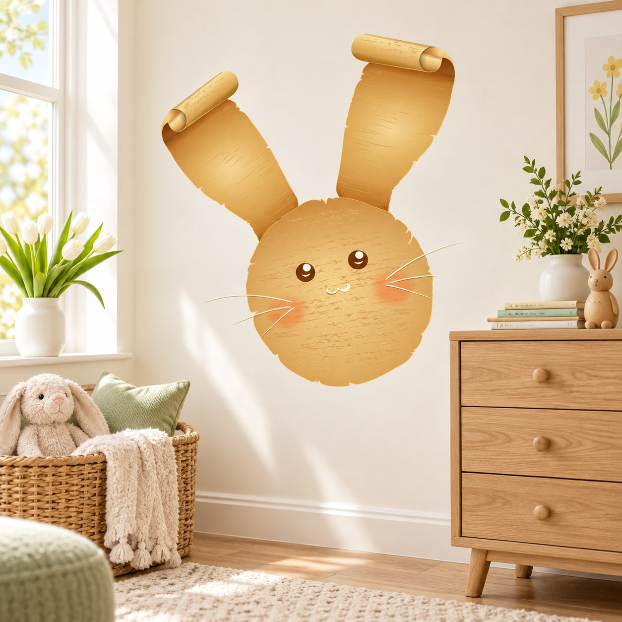 Easter bunny with curled ears sticker, tan face with whiskers and round eyes