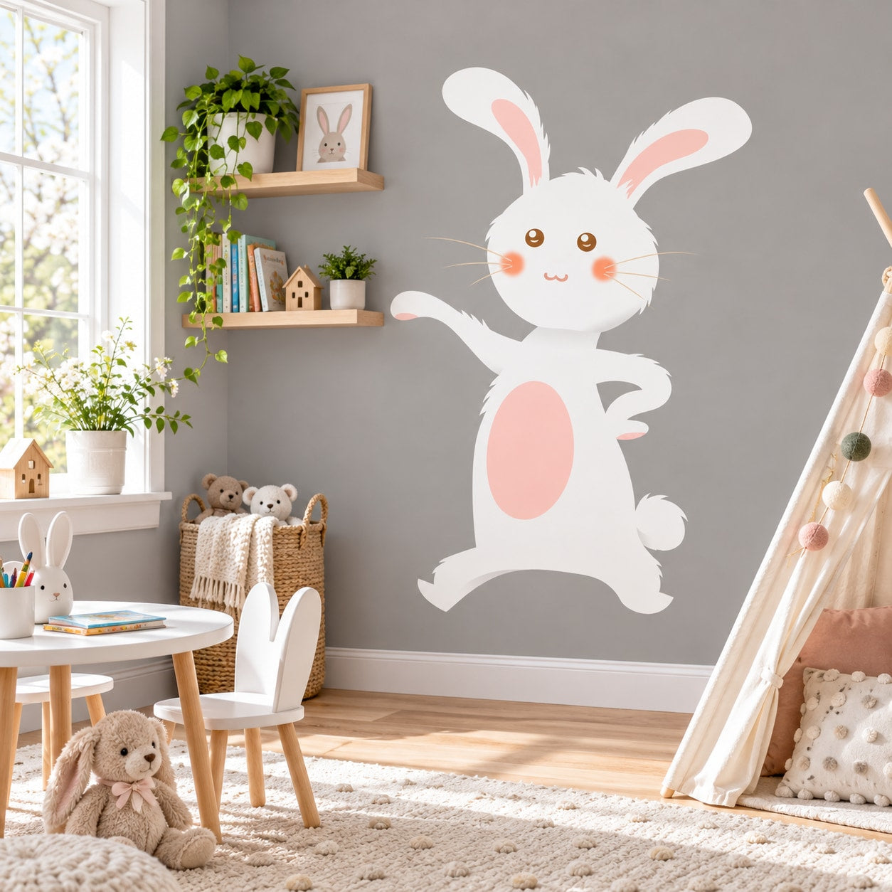 Easter bunny wall sticker, white rabbit with pink ears and raised paw