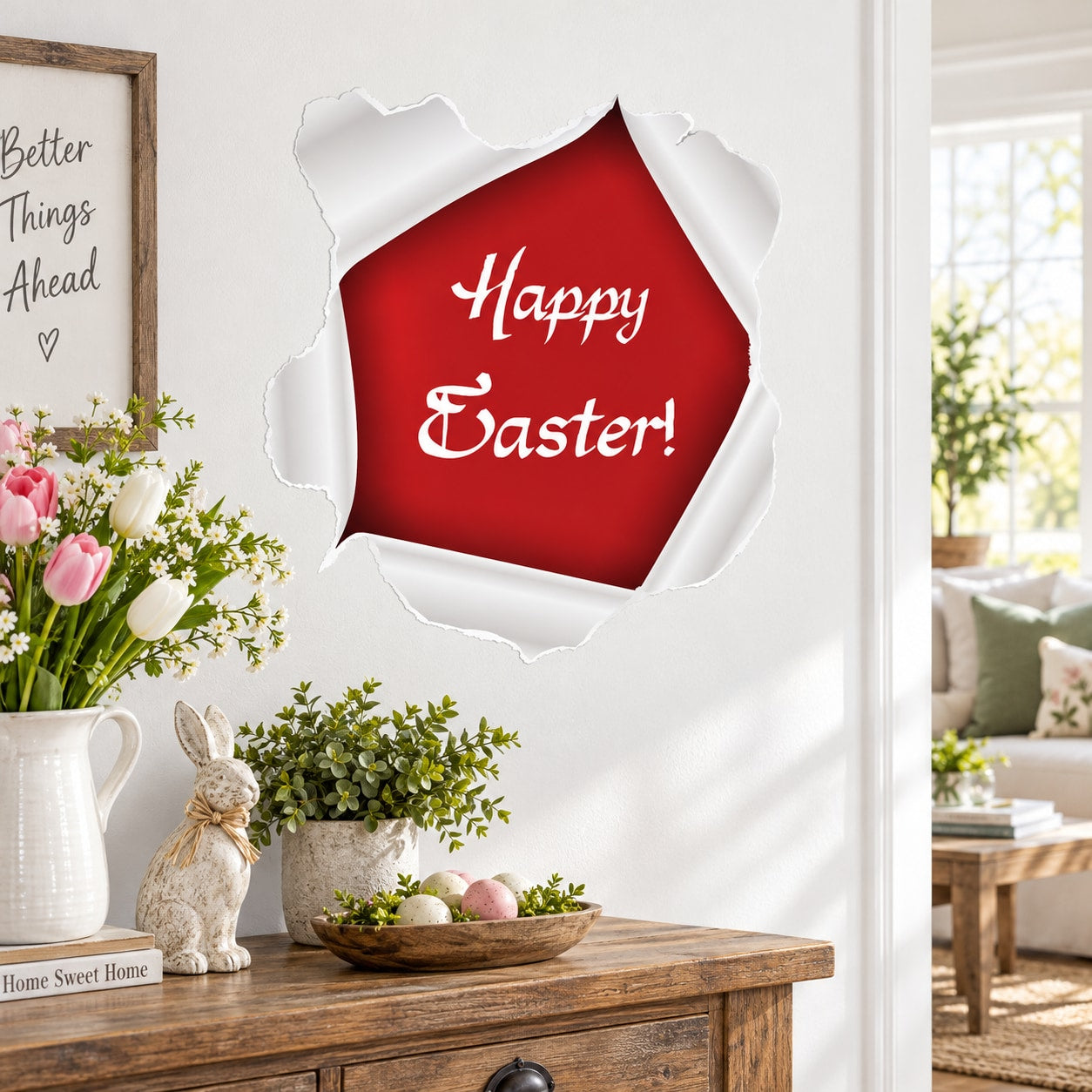 Red Easter tear sticker with torn white edges and 'Happy Easter!' text