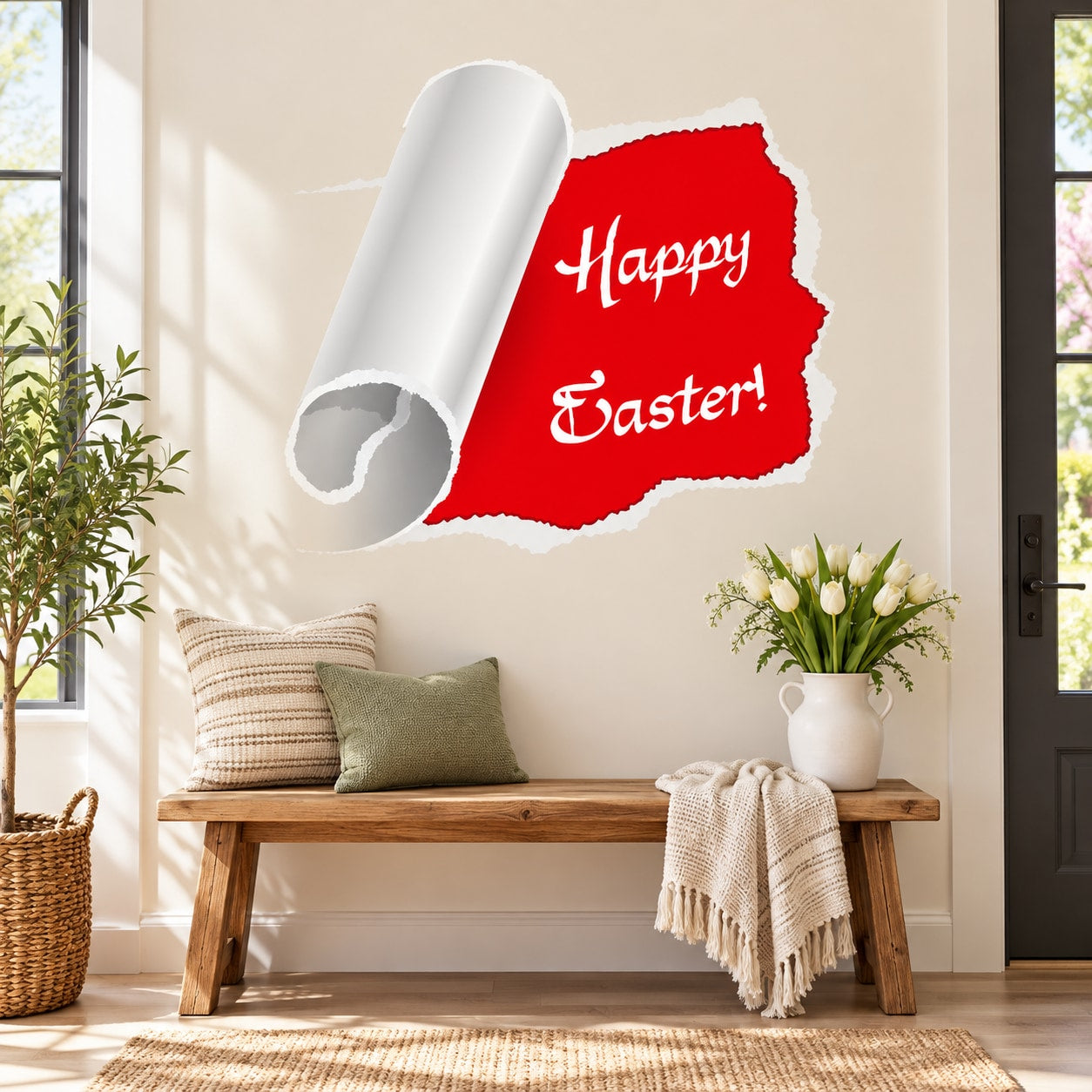Rolled red Happy Easter tear-off sticker with white script text