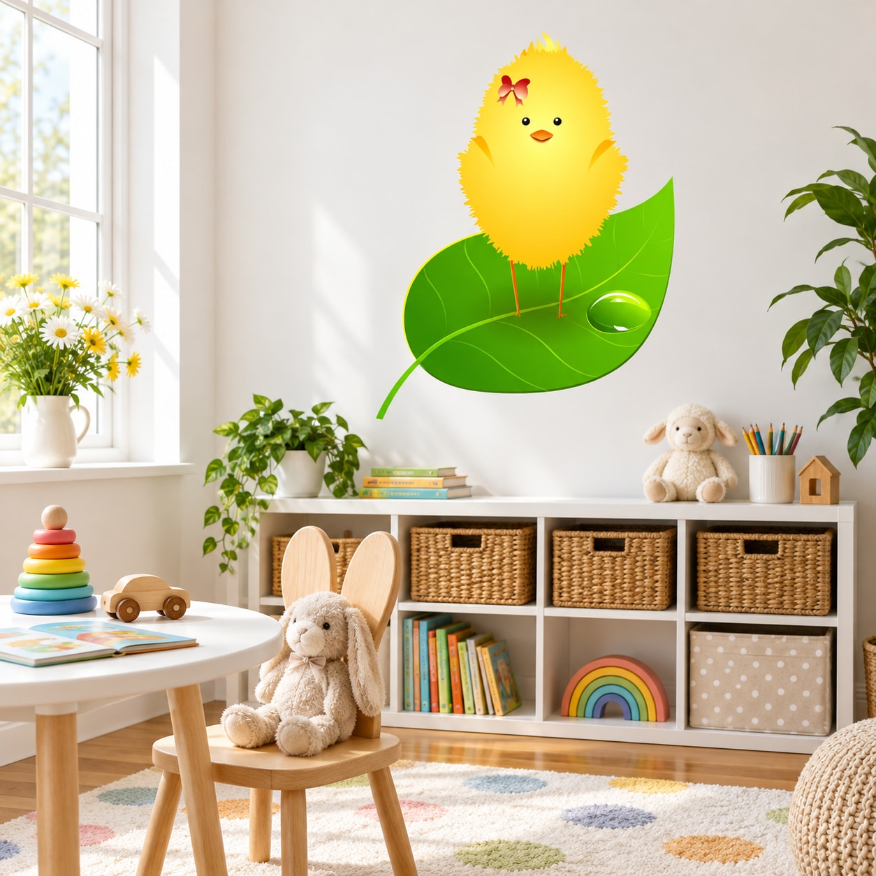 Yellow Easter chick sticker perched on a green leaf