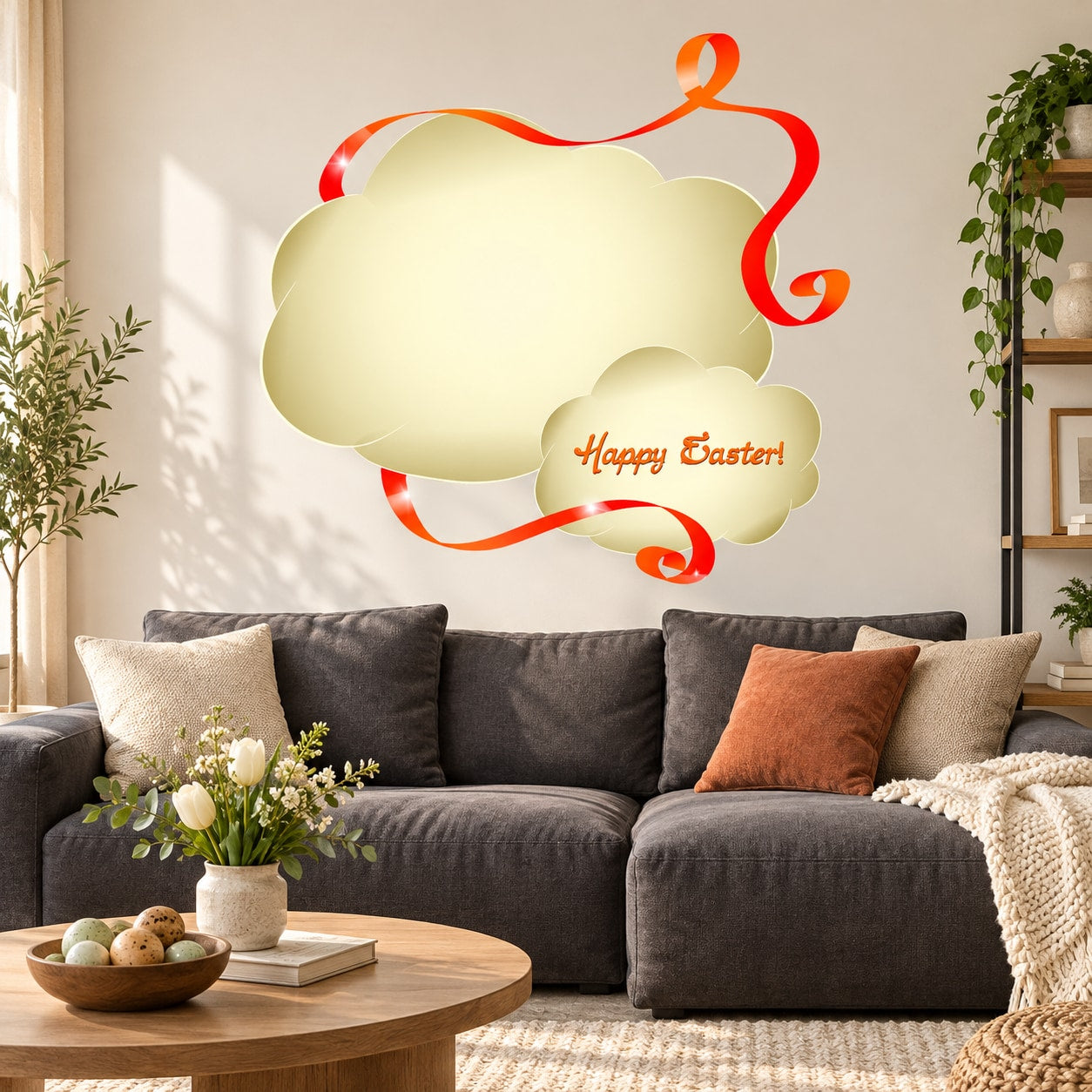 Easter cloud wall decal with ribbon swirls and "Happy Easter!" text
