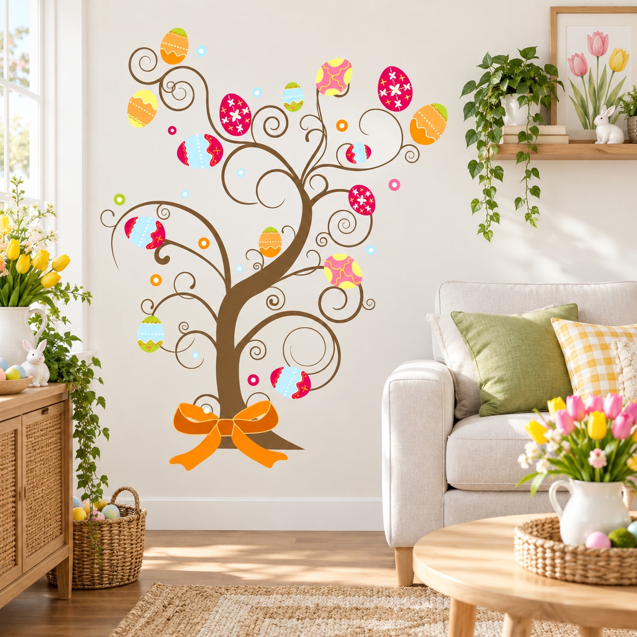 Easter egg tree wall decal with swirl branches, colorful painted eggs, and ribbon bow