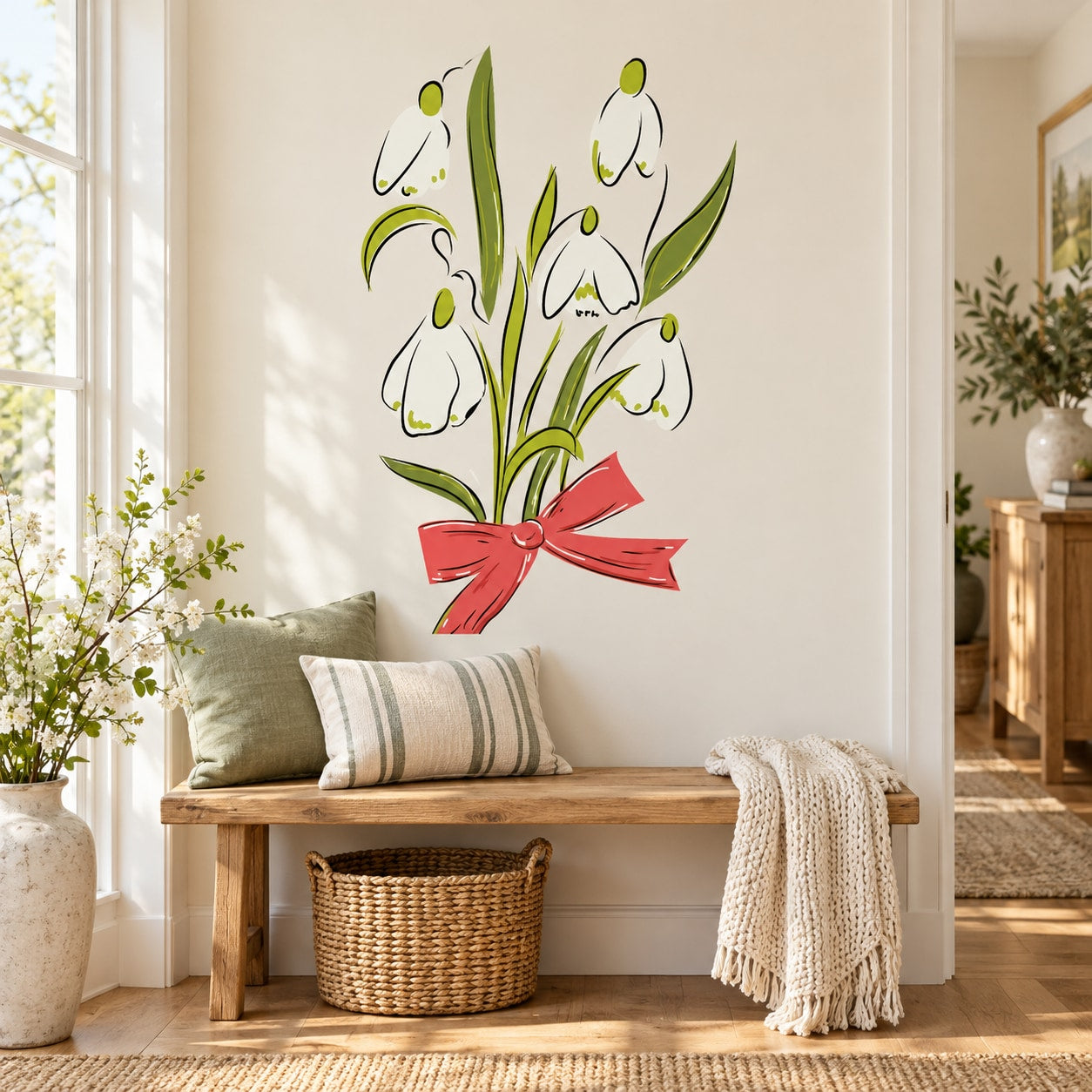 Easter flower wall decal, die-cut white blooms with green leaves and yellow centers.
