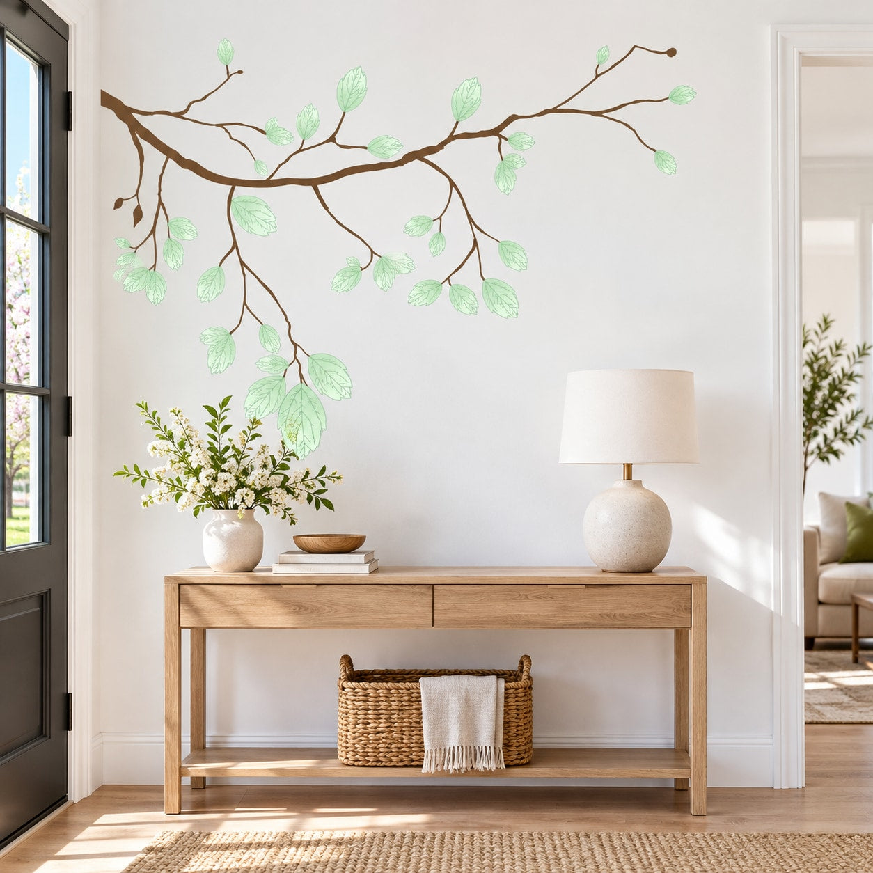 Leafy tree branch printed die-cut wall decal with mint green leaves and stems