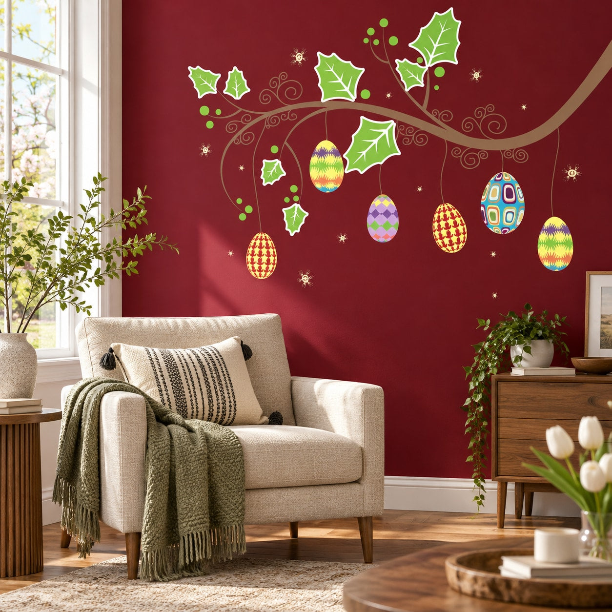 Easter egg and holly branch hanging wall decals, colorful die-cut set
