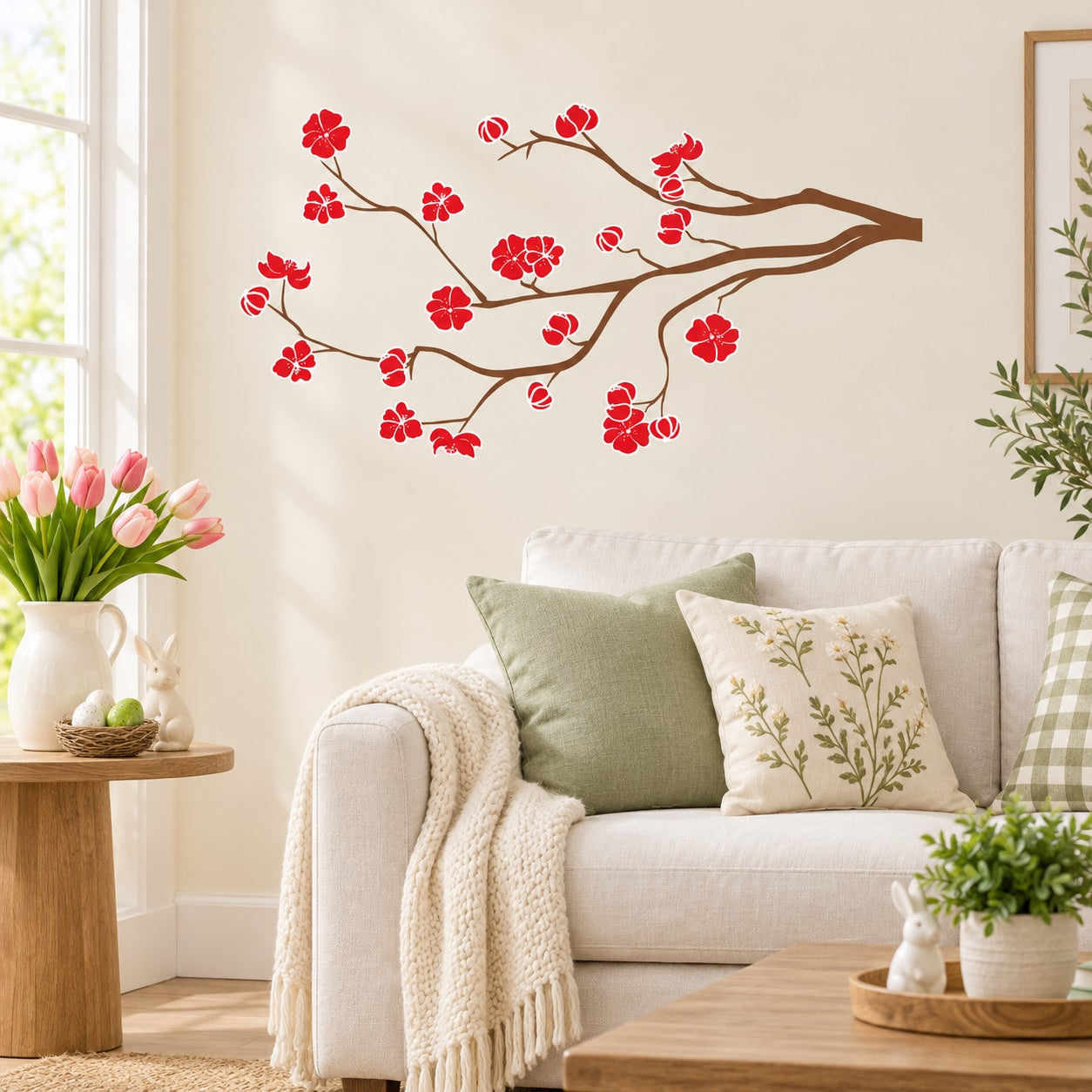 Easter tree branch wall decal with red blossoms and small birds, die-cut