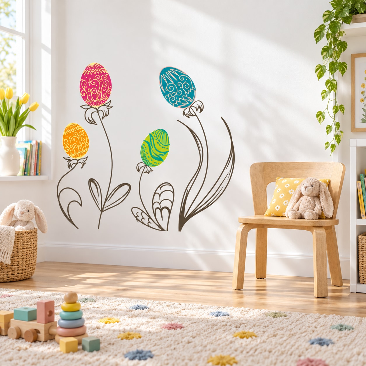 Easter egg stemmed flower decal with colorful egg blooms: pink, blue, orange, green