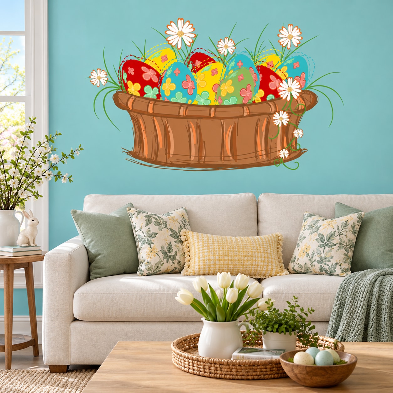 Easter egg basket wall decal, colorful printed die-cut with flowers and eggs