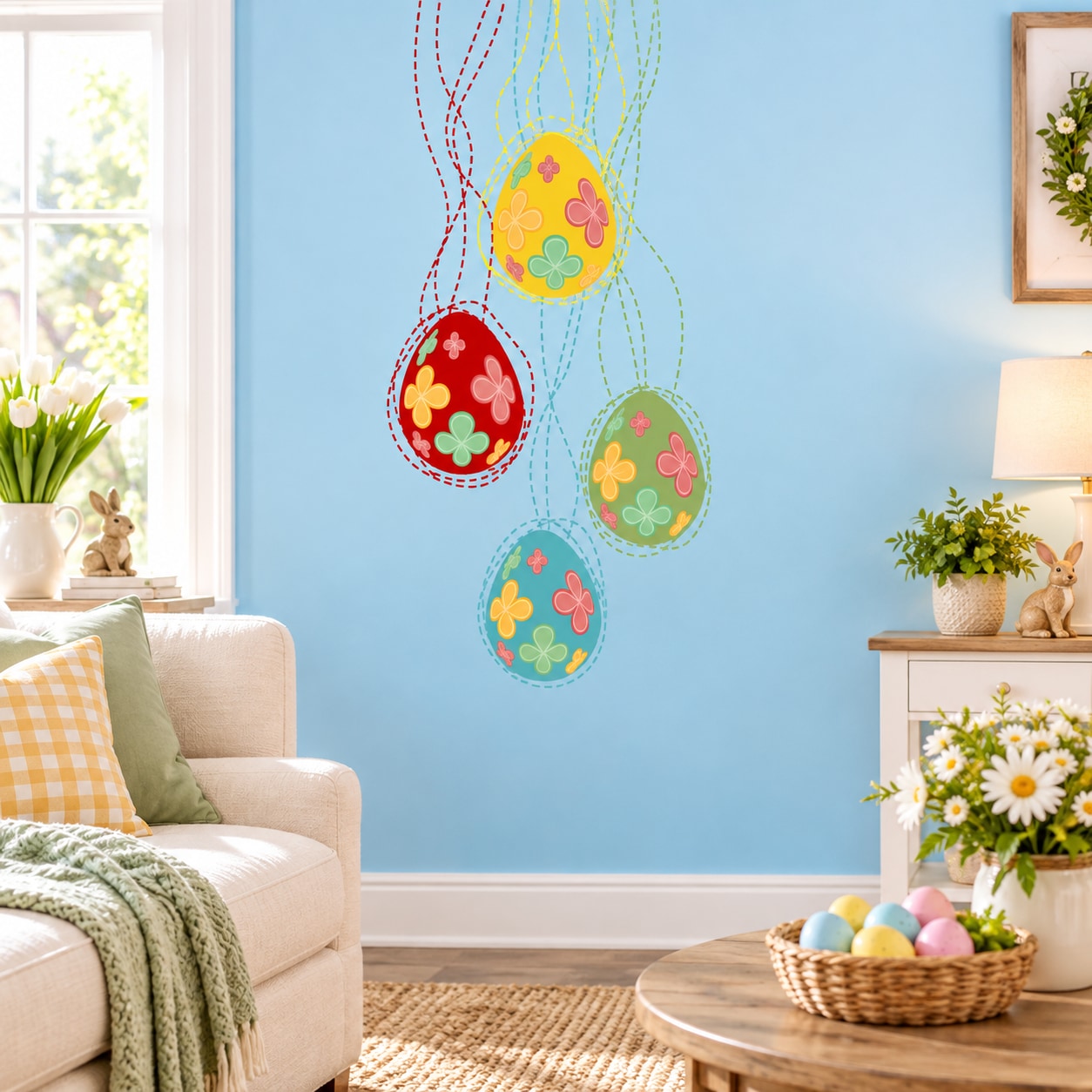 Easter egg wall decal with spring vines, five colorful printed eggs with dotted outlines