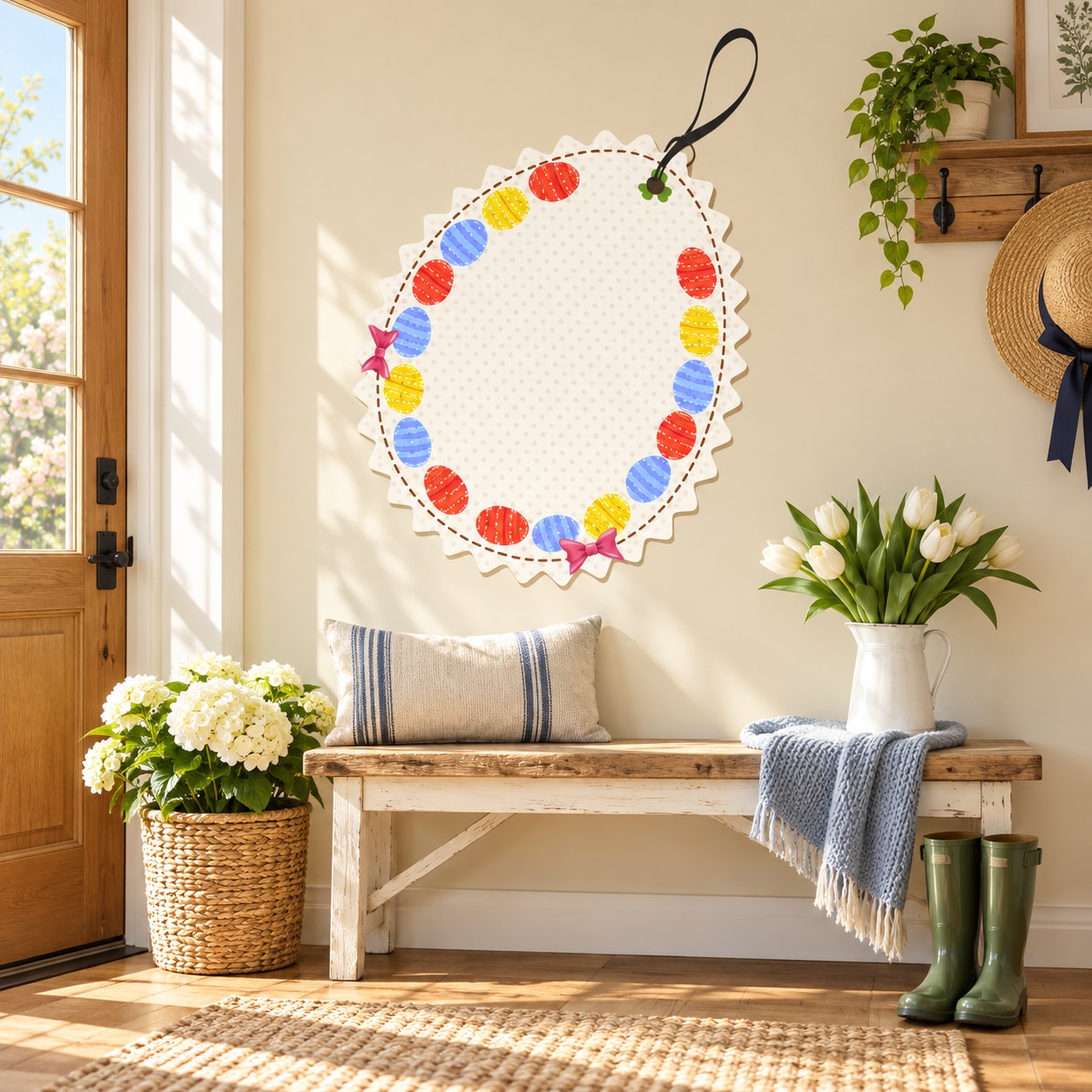 Round Easter egg decorated tag sticker, multicolor dotted border, hanging string