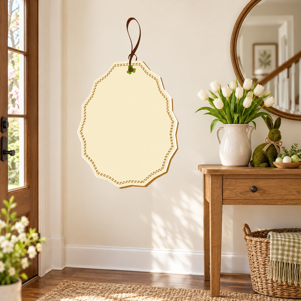 Easter egg retail tag sticker with yellow scalloped border and hanging loop ribbon