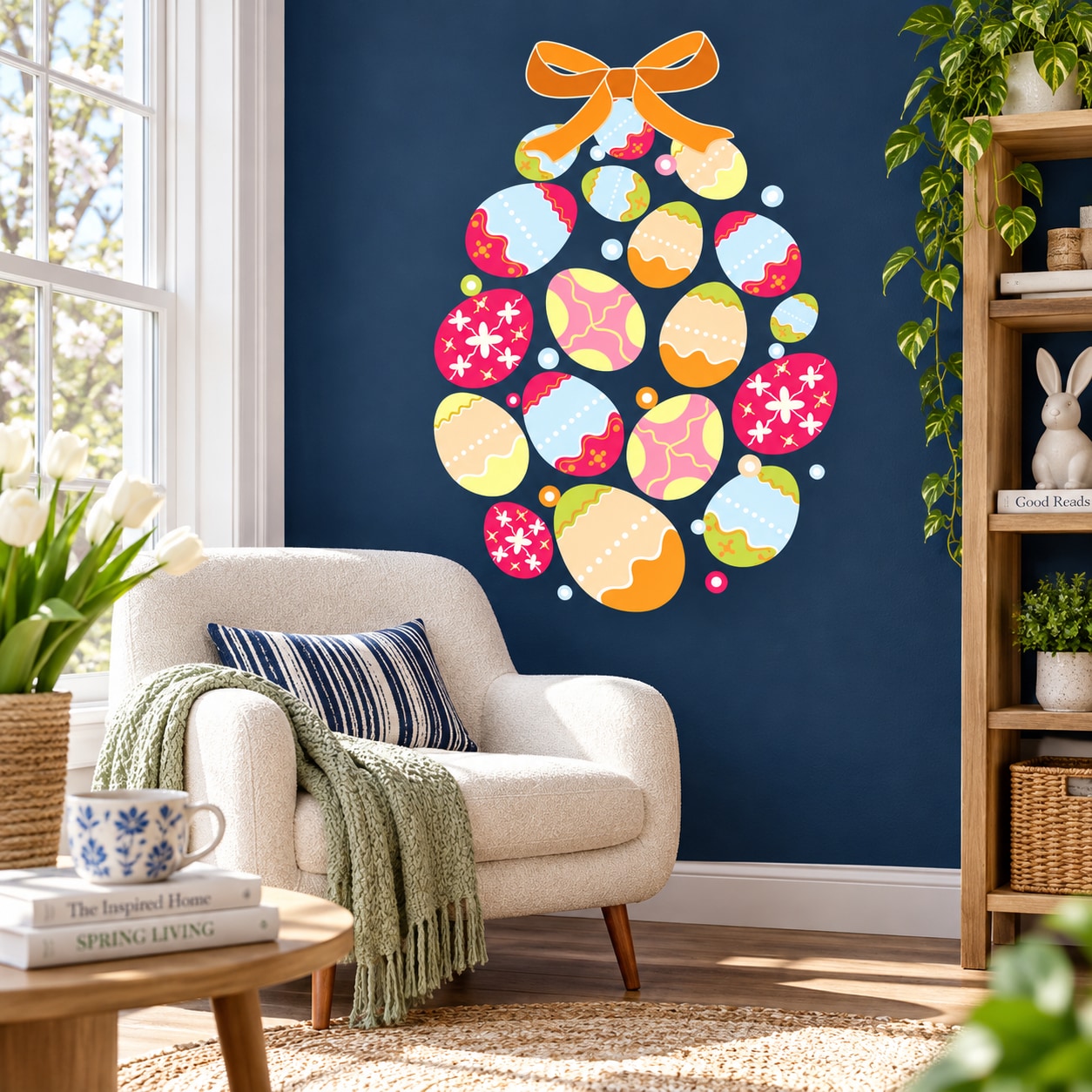 Easter egg cluster bow printed die-cut decal with colorful scattered eggs