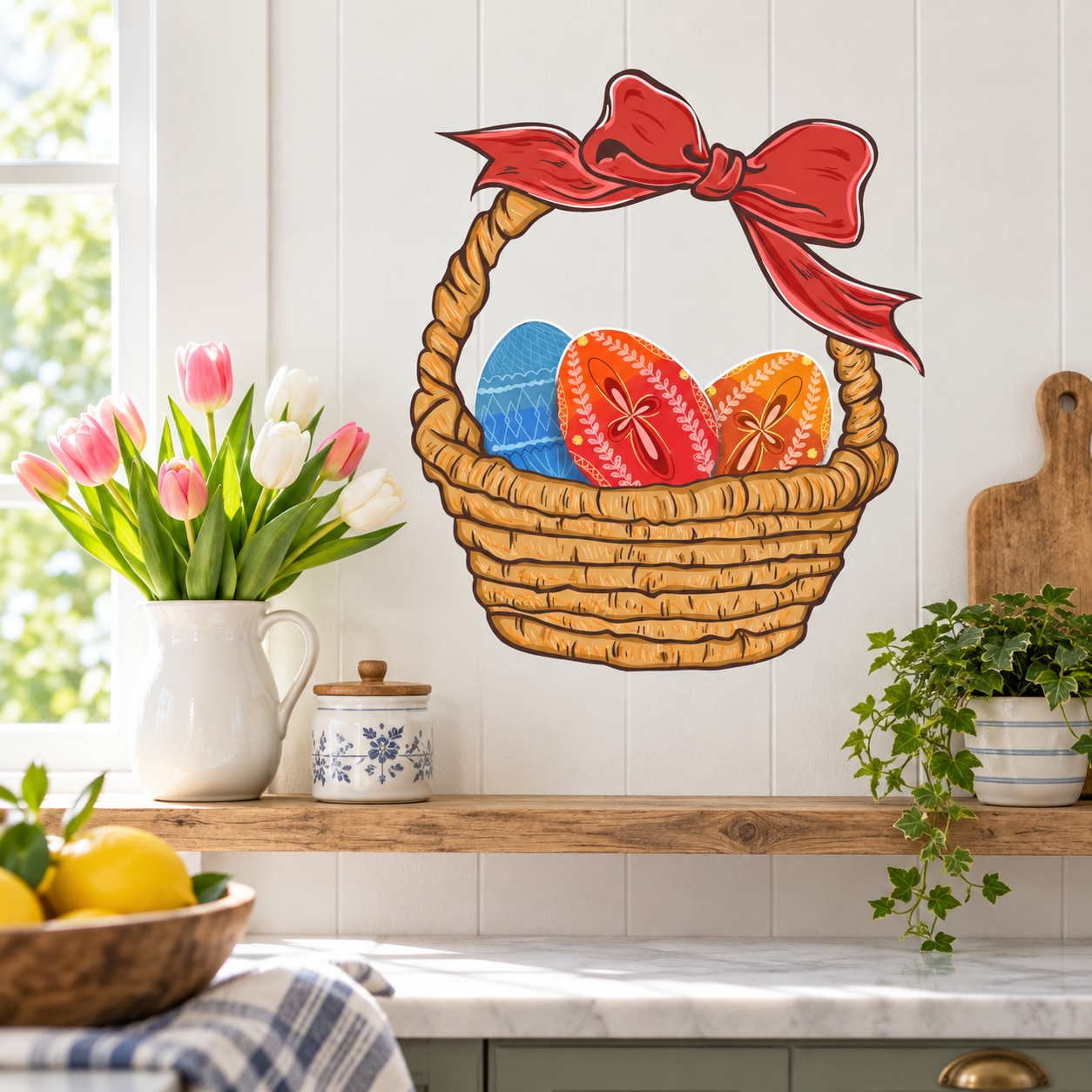 Easter egg basket wall decal with dyed eggs and red bow