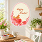 Egg-shaped Easter sticker with “Happy Easter” script, dots, flowers, and chick