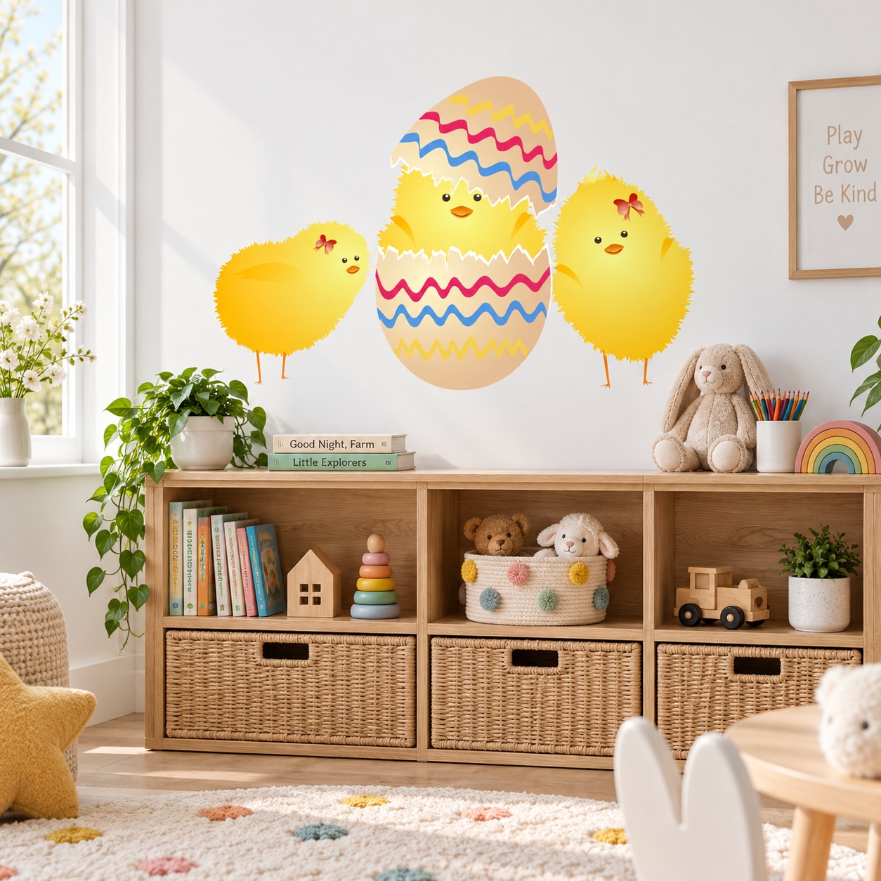 Colorful Easter egg and chick hatching die-cut wall decals with zigzag pattern