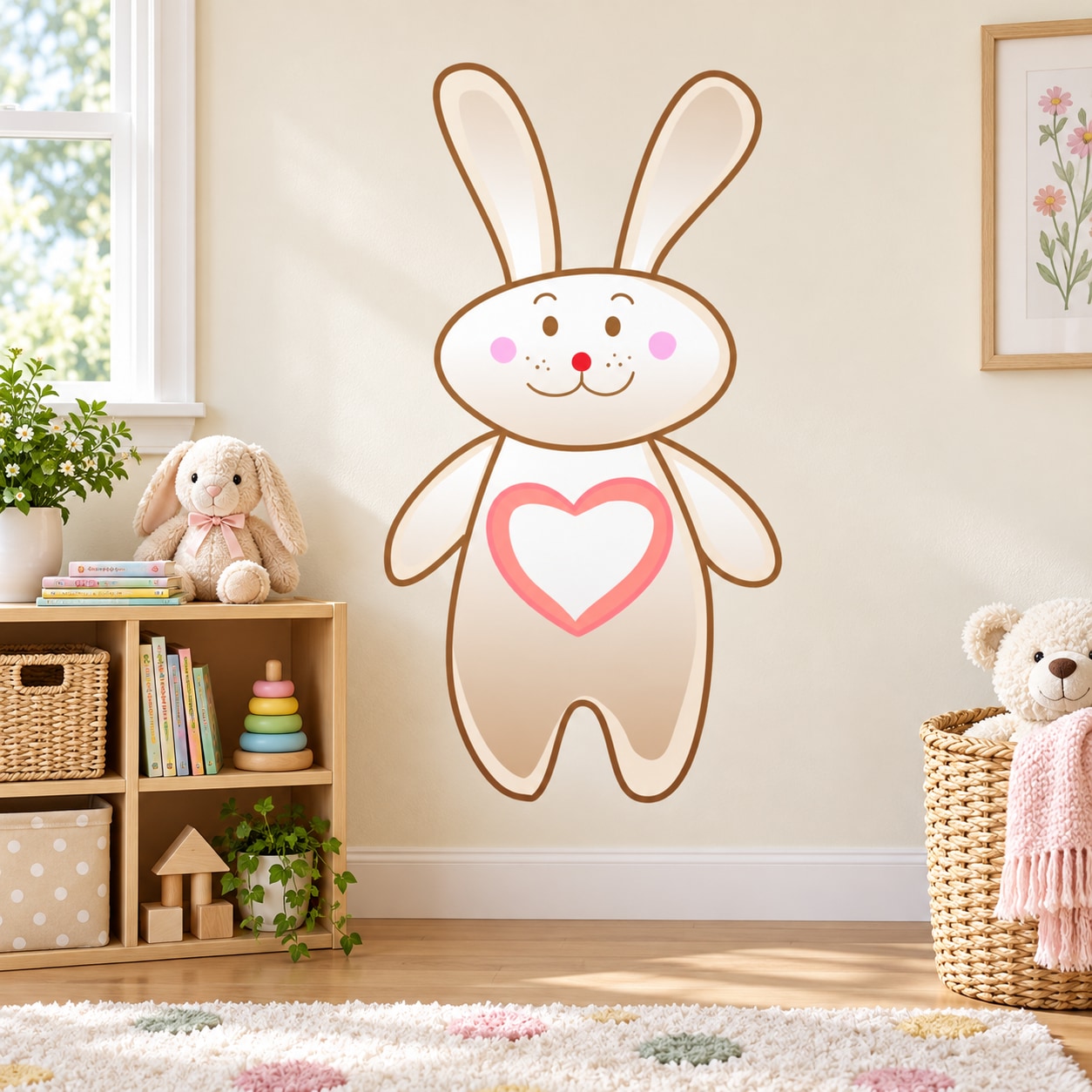 Cute bunny wall sticker with pink heart, smiling face and outlined ears