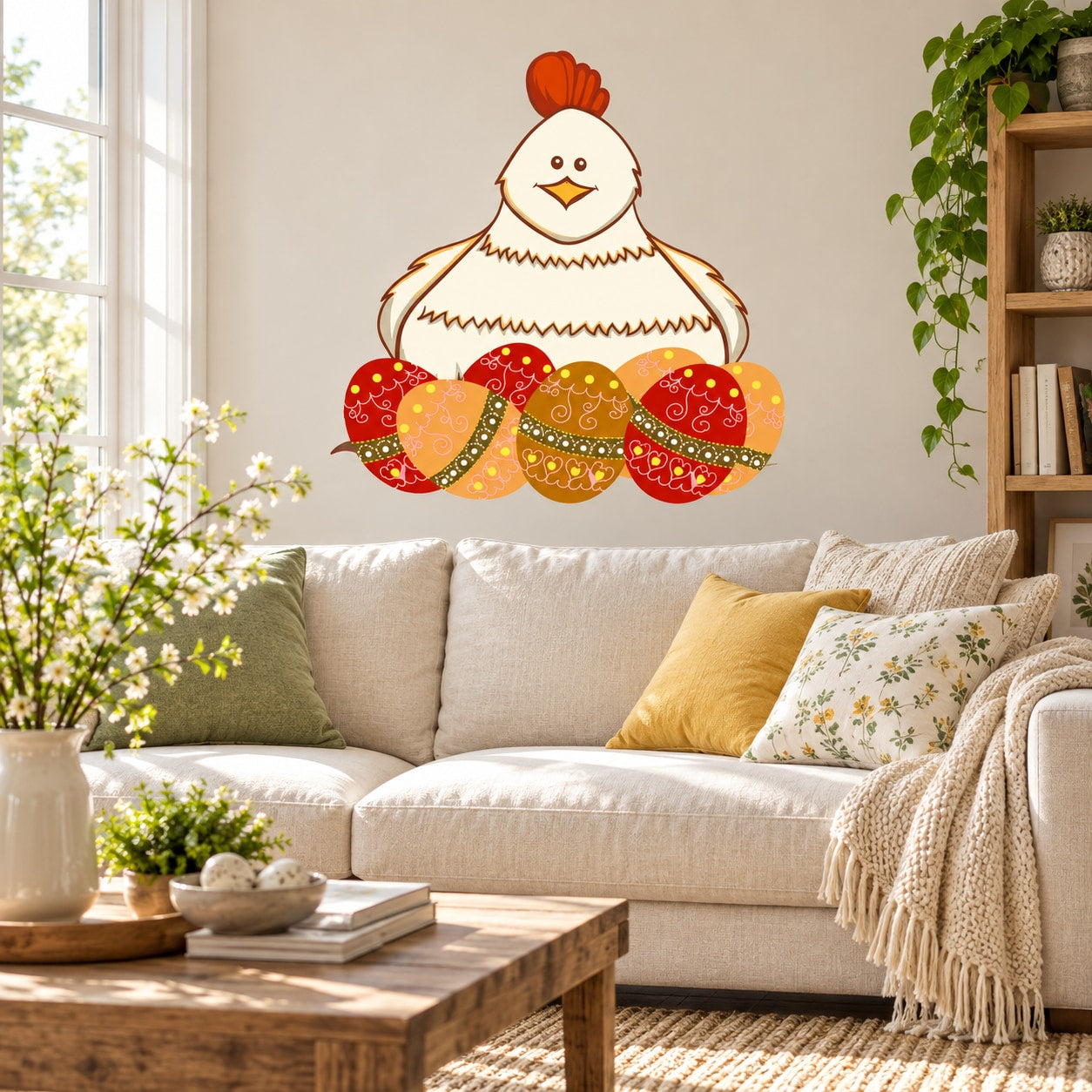 Cartoon Easter hen sticker with decorated eggs, red and yellow tones