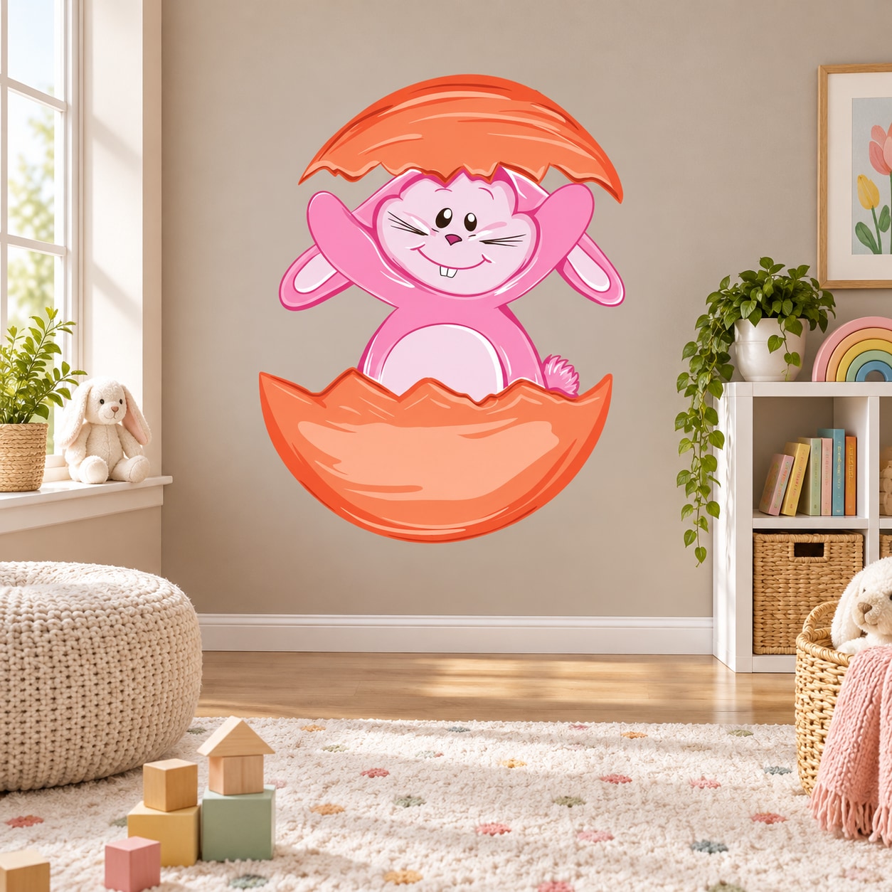 Easter bunny sticker: pink rabbit peeking from orange hatching egg, smiling