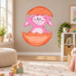 Easter bunny sticker: pink rabbit peeking from orange hatching egg, smiling