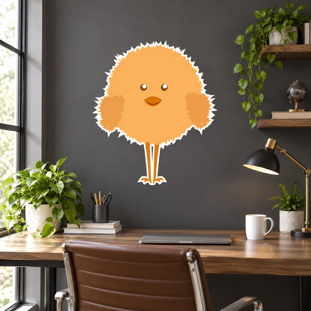 Fluffy Easter chick sticker with orange body and white spiky outline