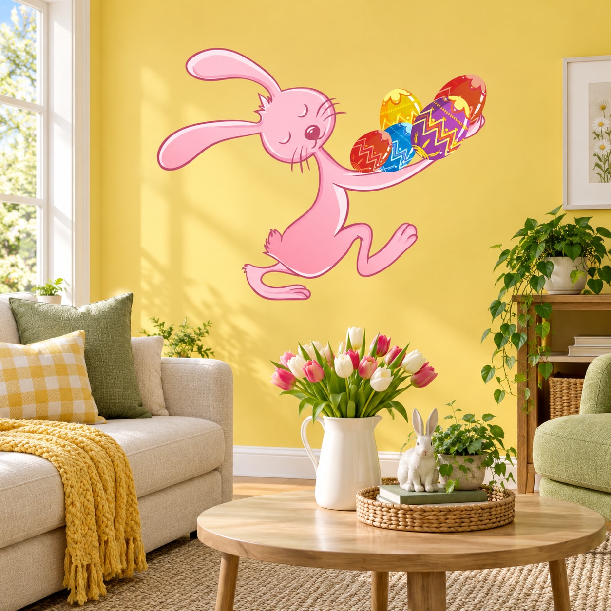 Easter bunny wall sticker carrying colorful eggs, pink bunny illustration