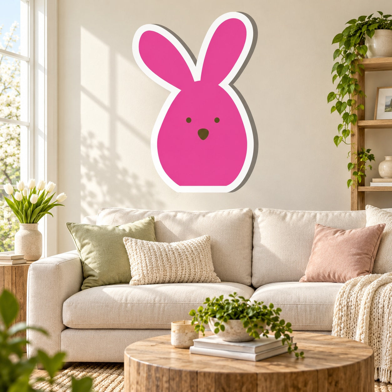 Pink bunny face sticker with white border, rounded ears and small nose detail.